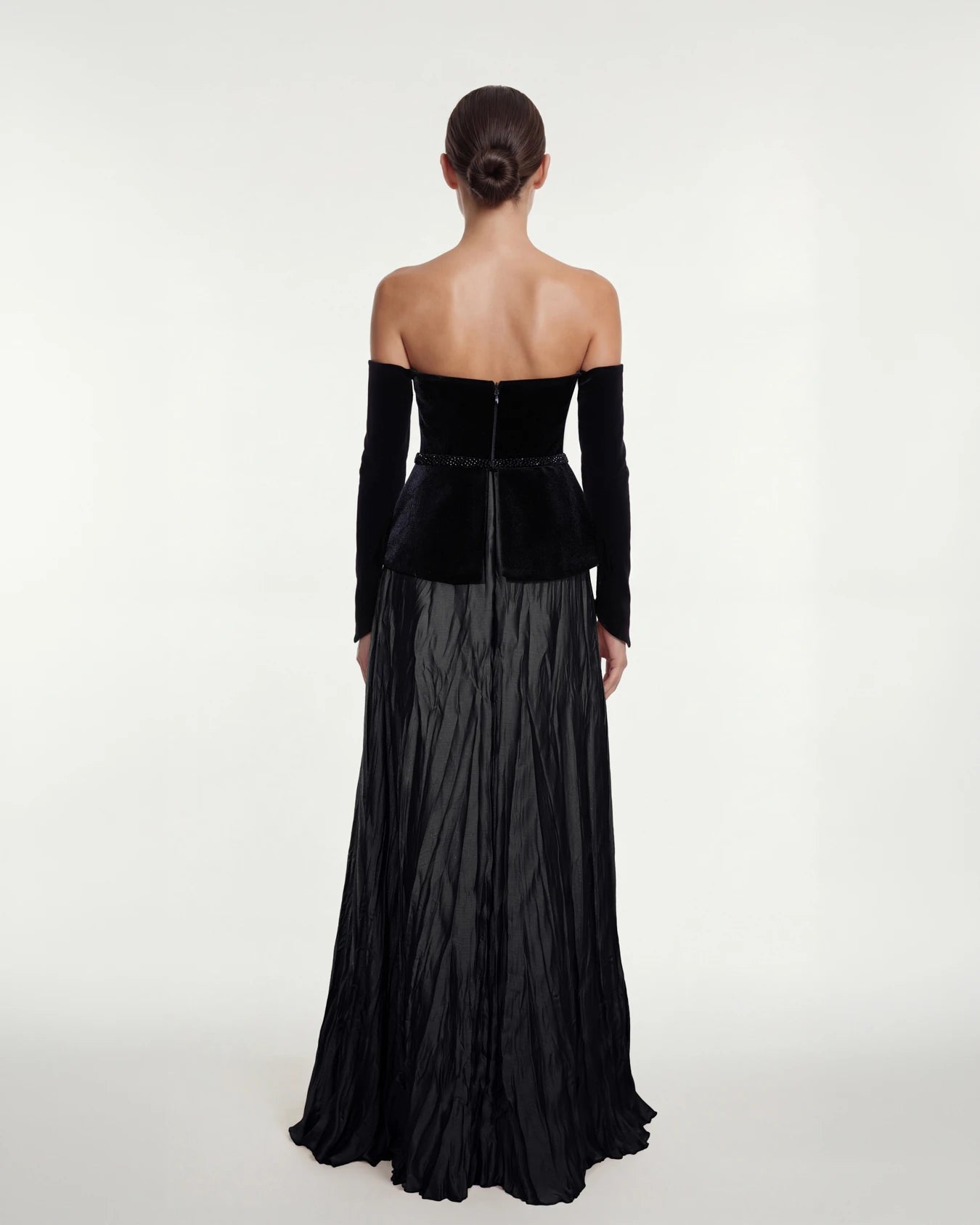 25408-Kadife Büstiyer Garnili Beli Taş İşlemeli Uzun Abiye Elbise