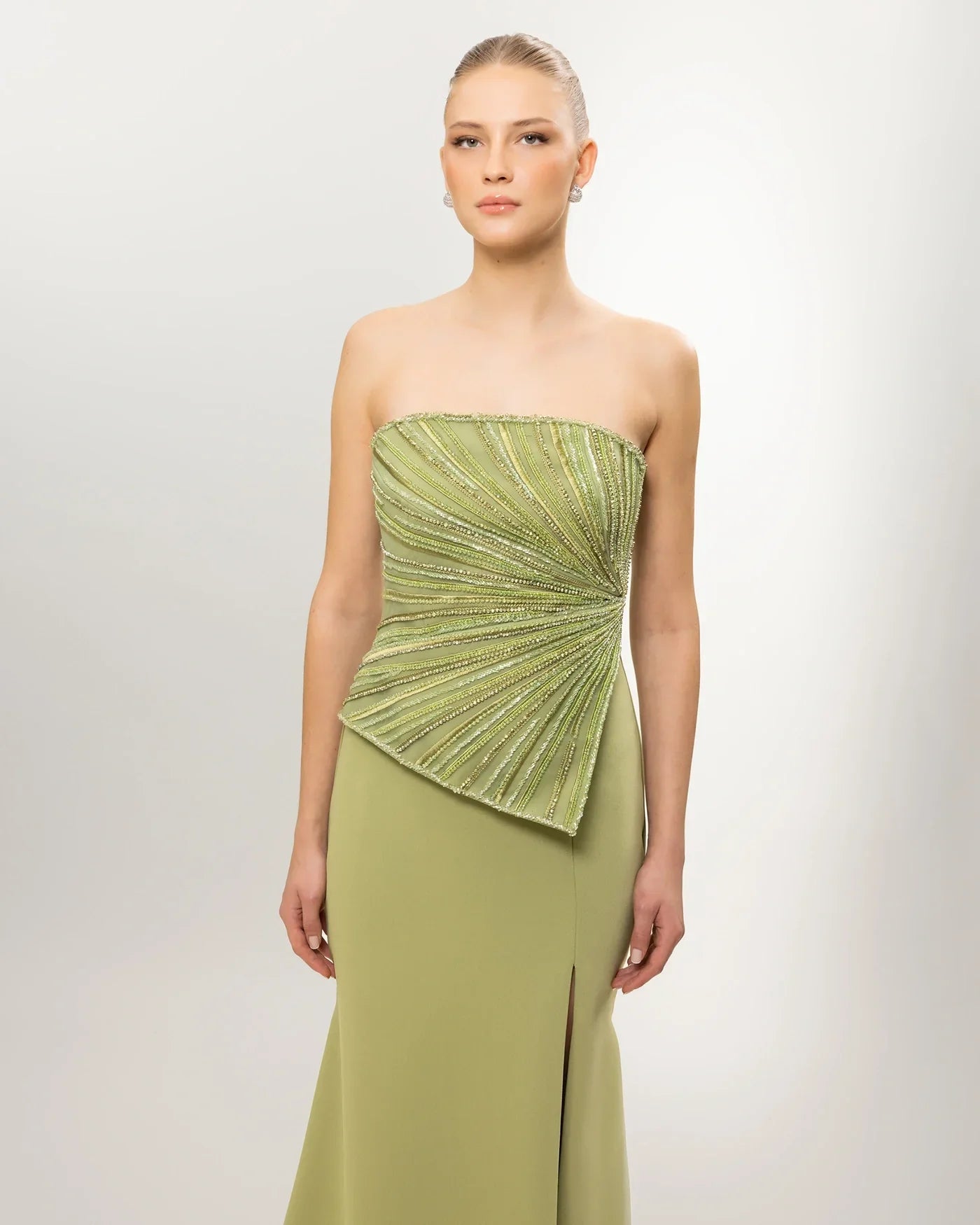 26003-Strapless Embellished Asymmetrical Draped Evening Dress