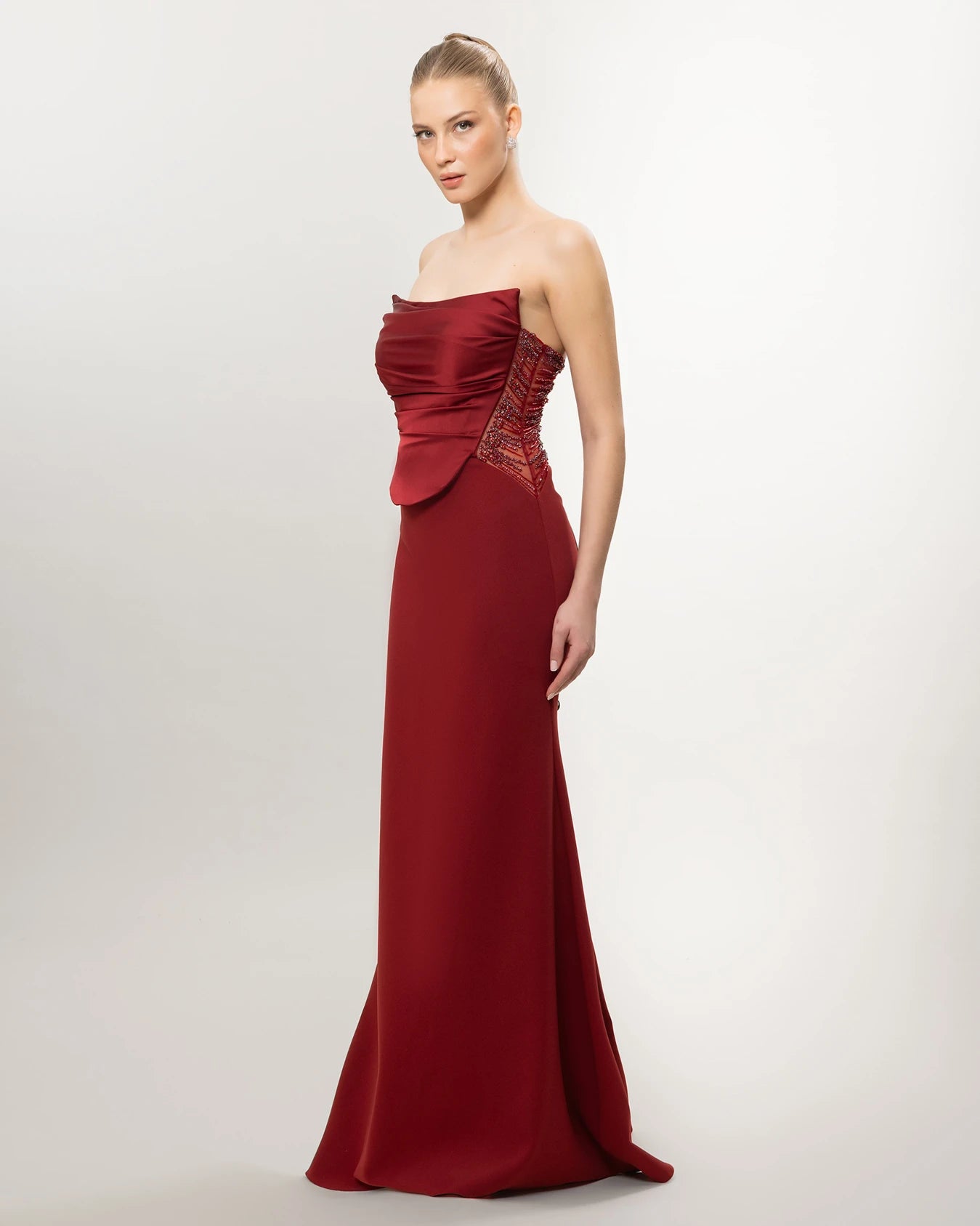 26011-Straplez Drapeli Korse, Balık Abiye Elbise