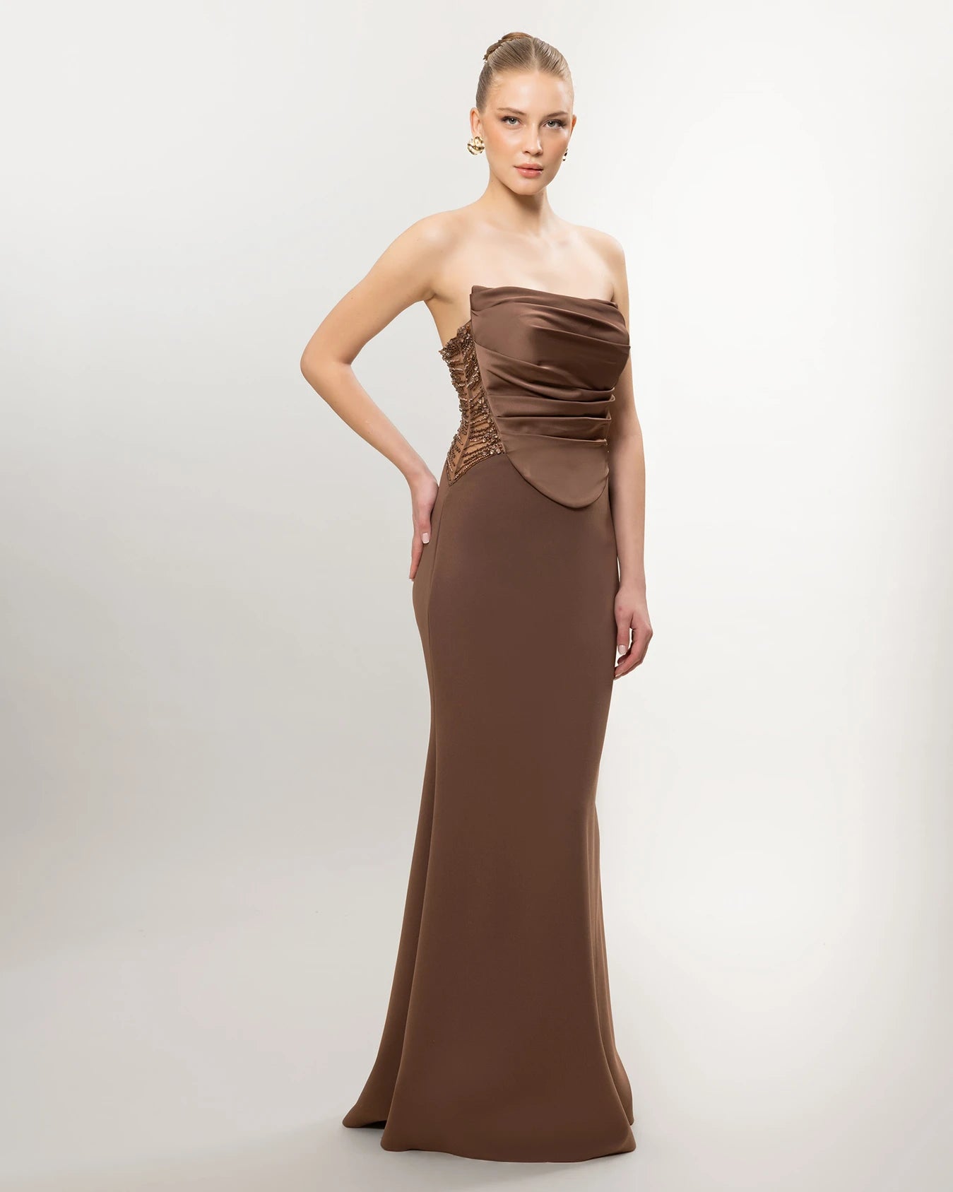 26011-Straplez Drapeli Korse, Balık Abiye Elbise