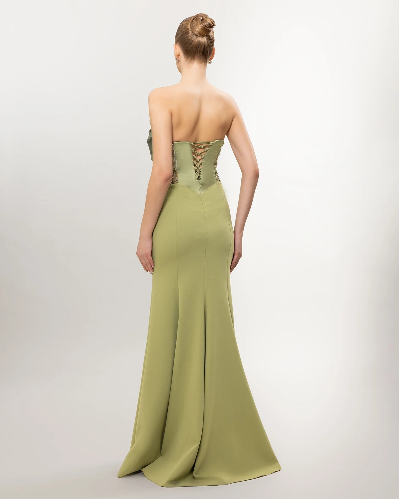 26011-Straplez Drapeli Korse, Balık Abiye Elbise