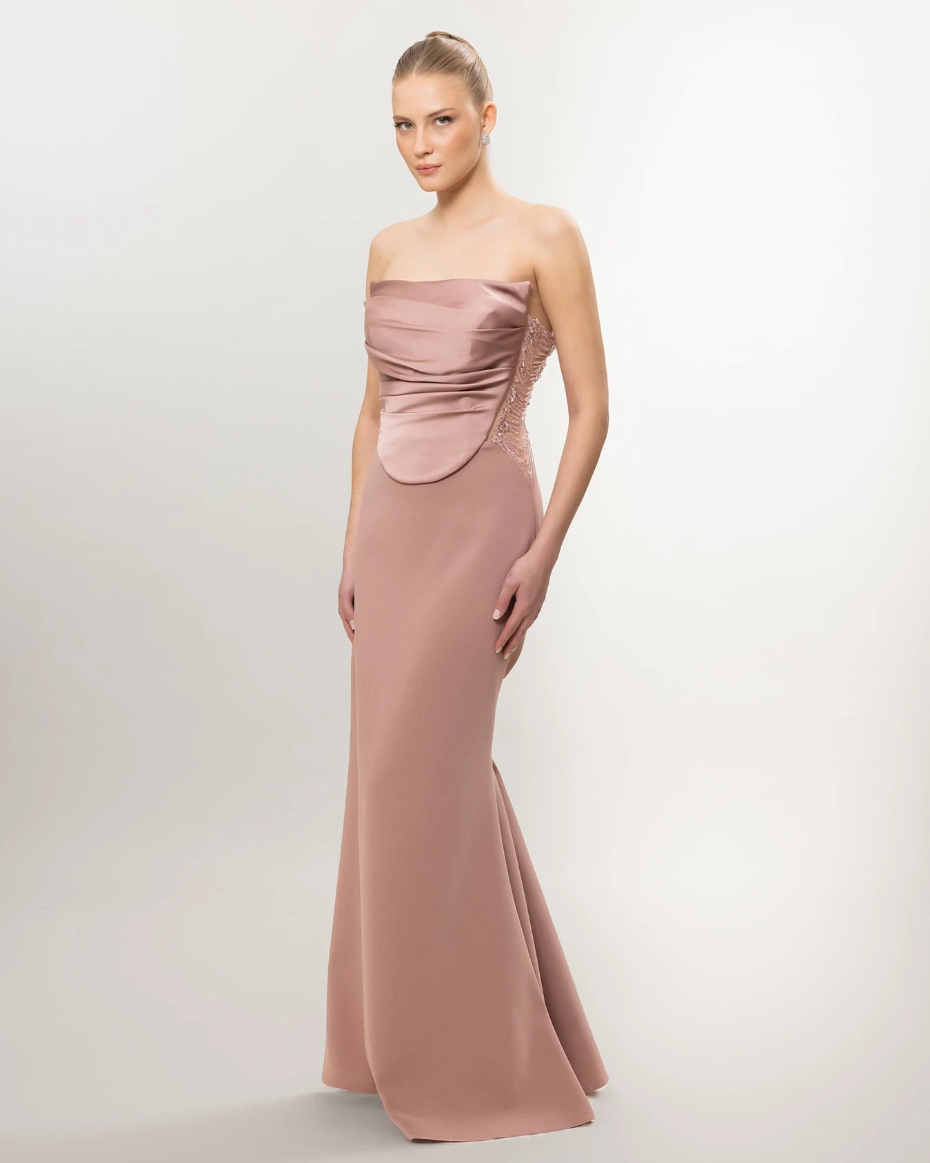 26011-Straplez Drapeli Korse, Balık Abiye Elbise