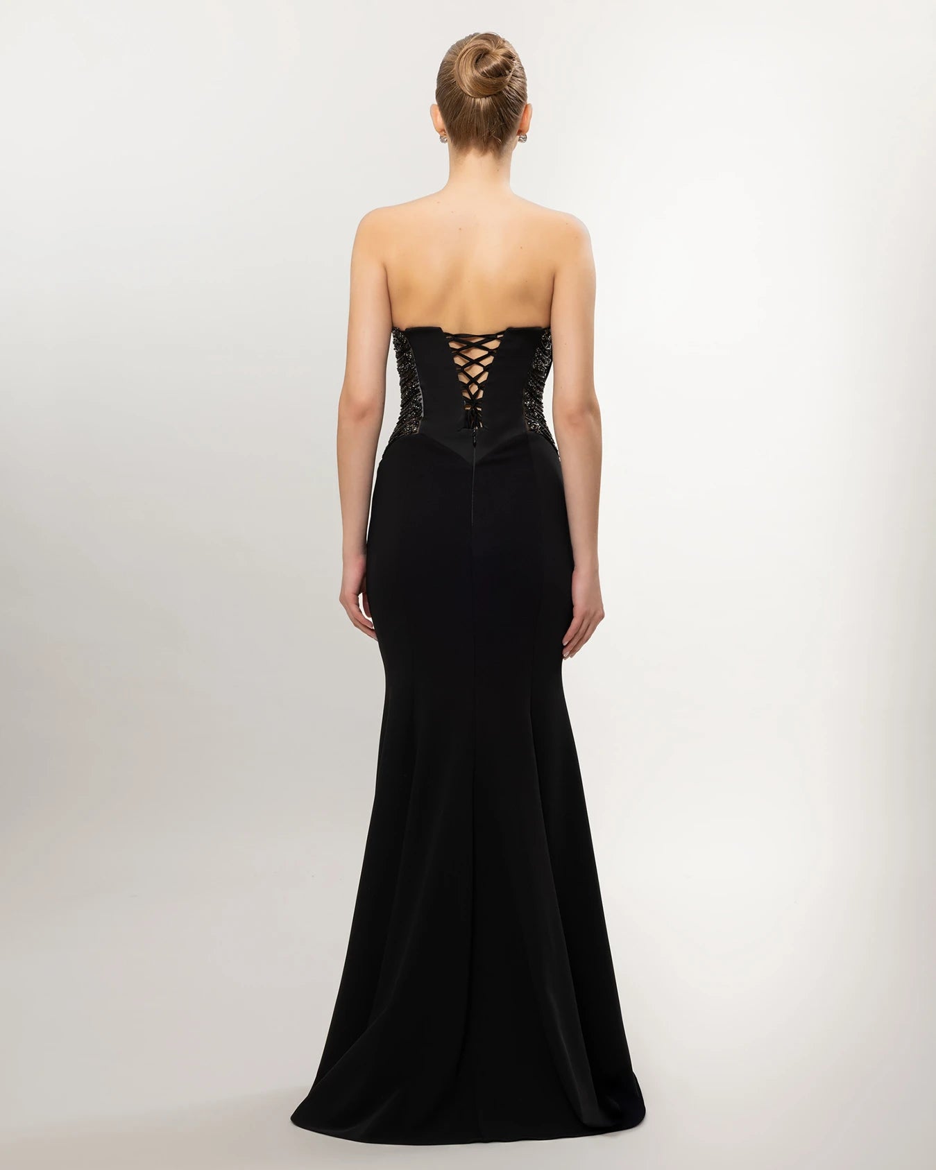 26011-Straplez Drapeli Korse, Balık Abiye Elbise