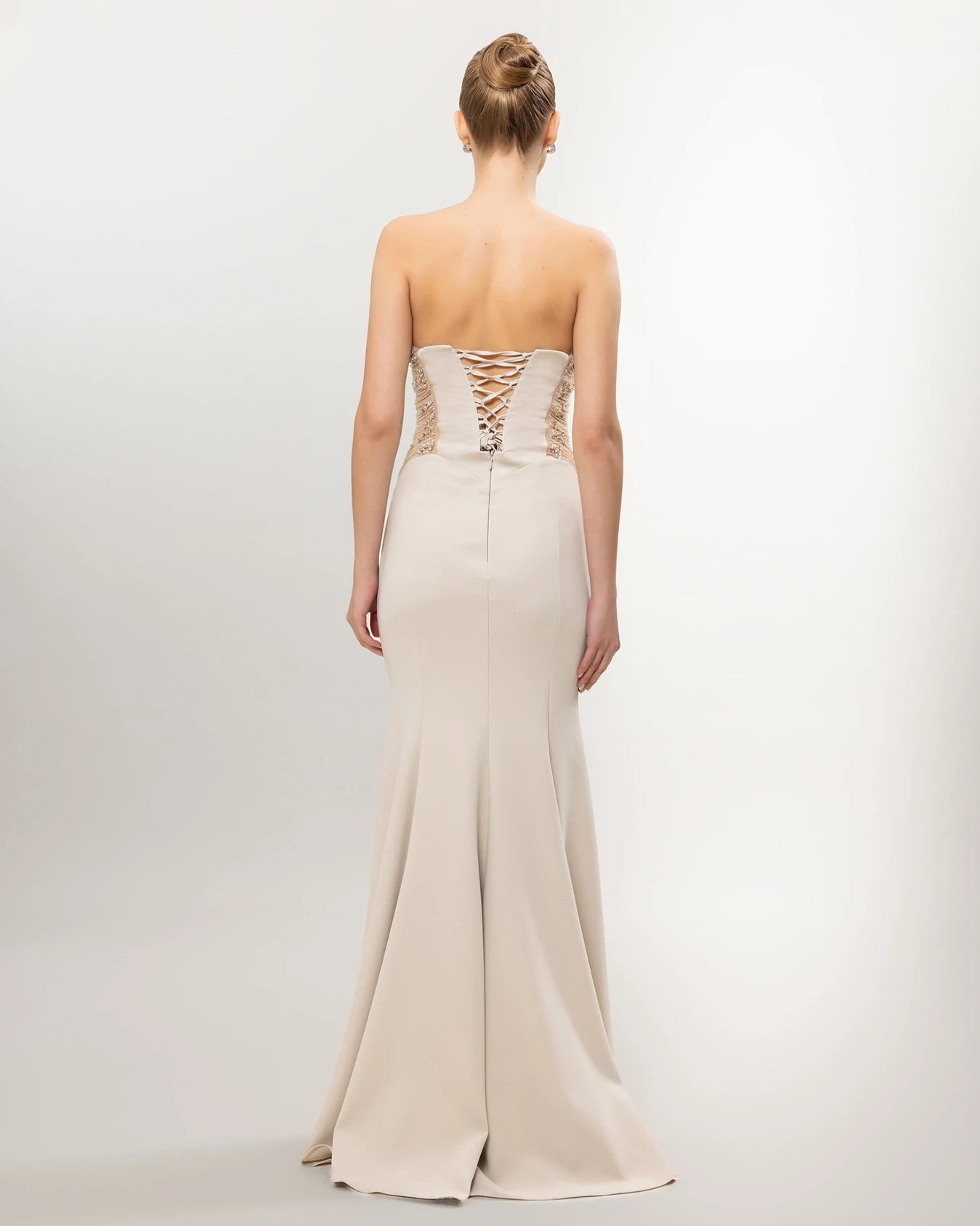 26011-Straplez Drapeli Korse, Balık Abiye Elbise