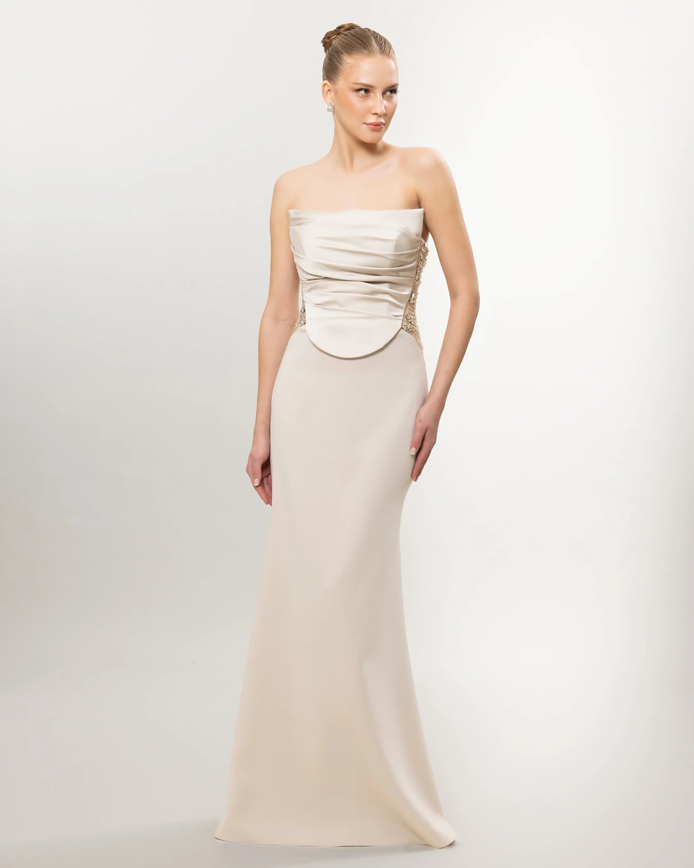 26011-Straplez Drapeli Korse, Balık Abiye Elbise