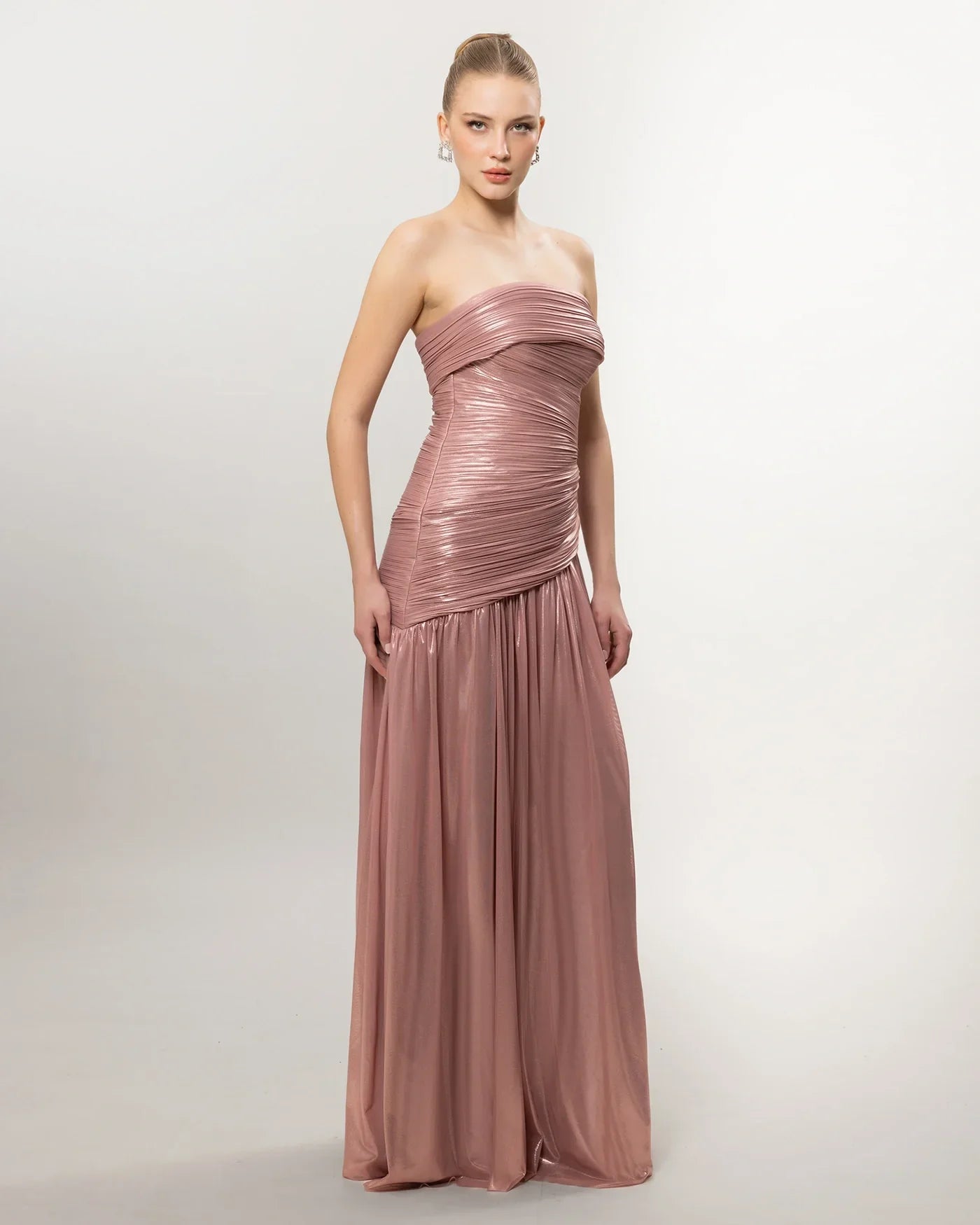 26022-Strapless Draped Long Evening Dress