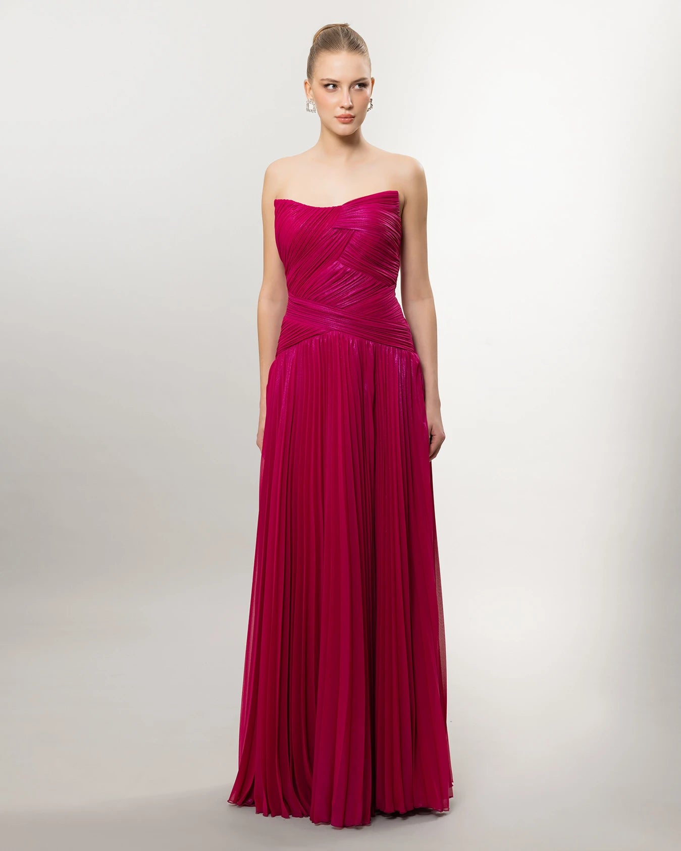 26040-Straplez Drapeli Kloş Uzun Abiye Elbise