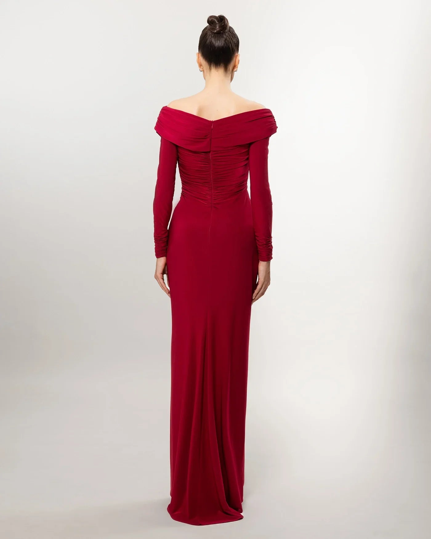 26064-Dropped Shoulder Cross-Neck Draped Long Evening Dress
