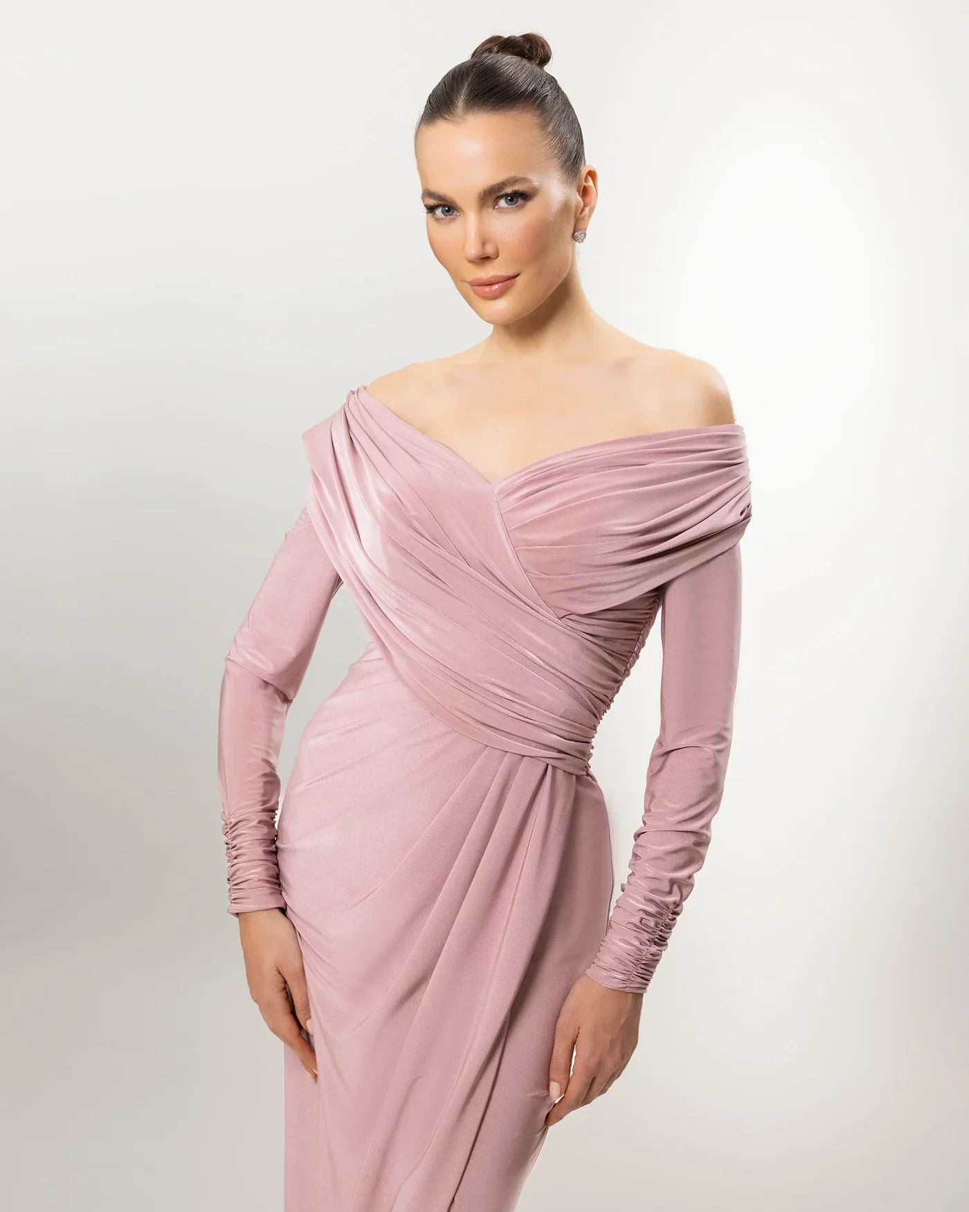 26064-Dropped Shoulder Cross-Neck Draped Long Evening Dress