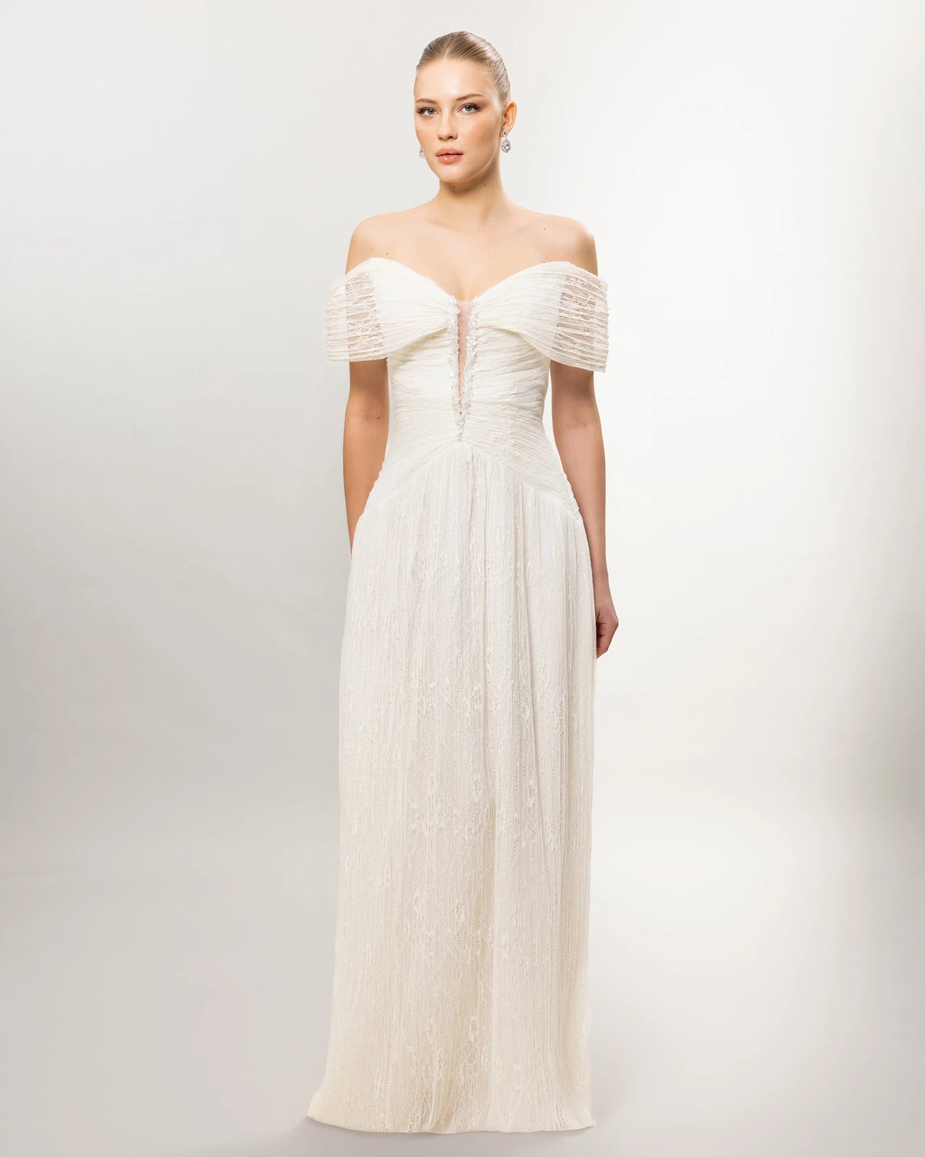 26071-Romantik Dantel Detaylı Düşük Omuz Uzun Abiye Elbise