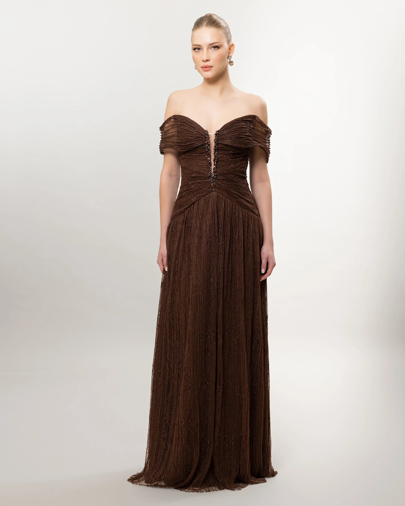 26071-Romantik Dantel Detaylı Düşük Omuz Uzun Abiye Elbise