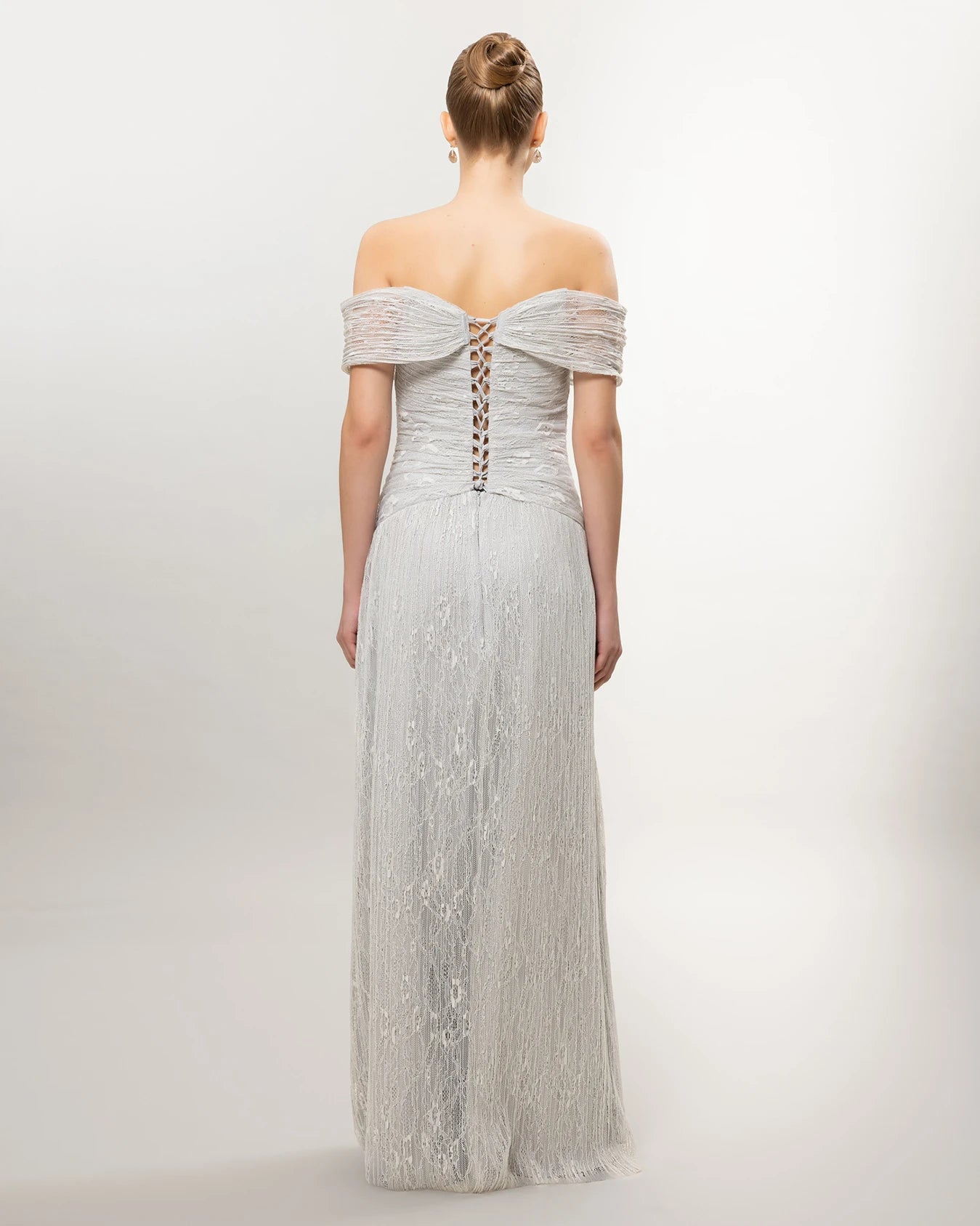 26071-Romantik Dantel Detaylı Düşük Omuz Uzun Abiye Elbise