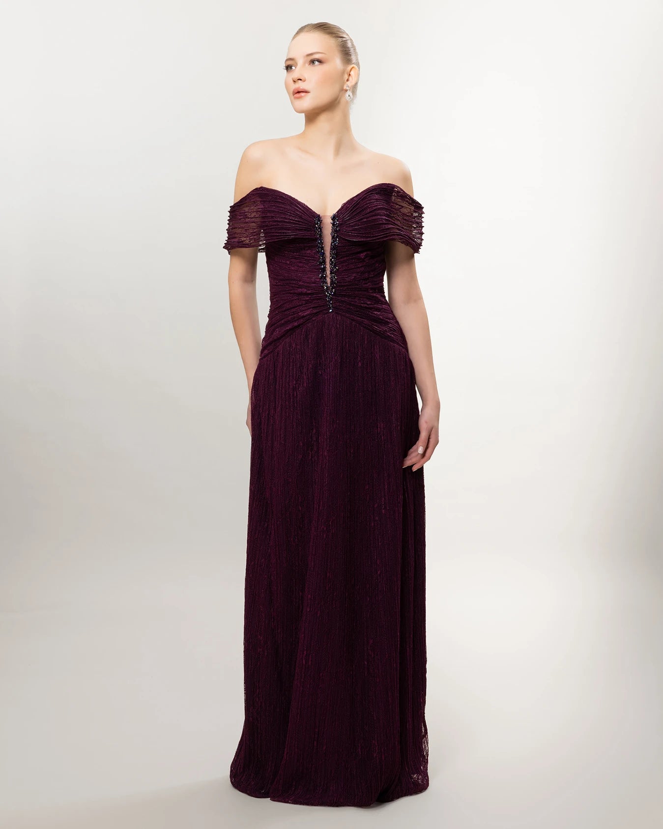 26071-Romantik Dantel Detaylı Düşük Omuz Uzun Abiye Elbise