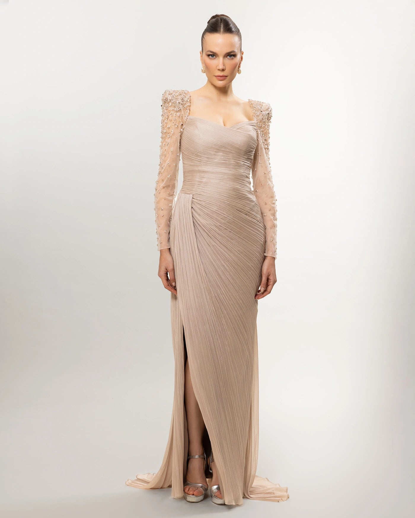 26074-Kollar Taş İşlemeli Drapeli Uzun Elbise