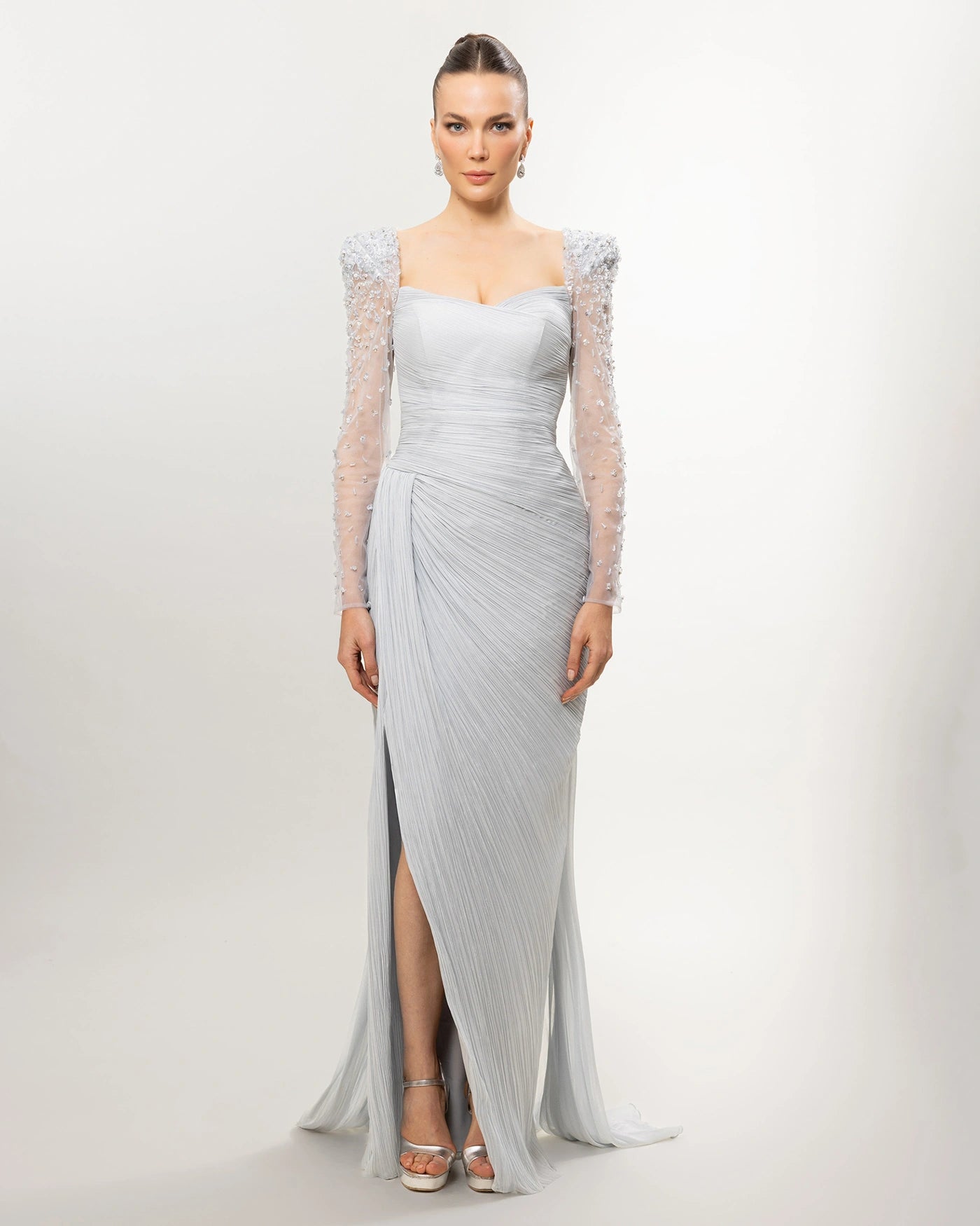 26074-Kollar Taş İşlemeli Drapeli Uzun Elbise