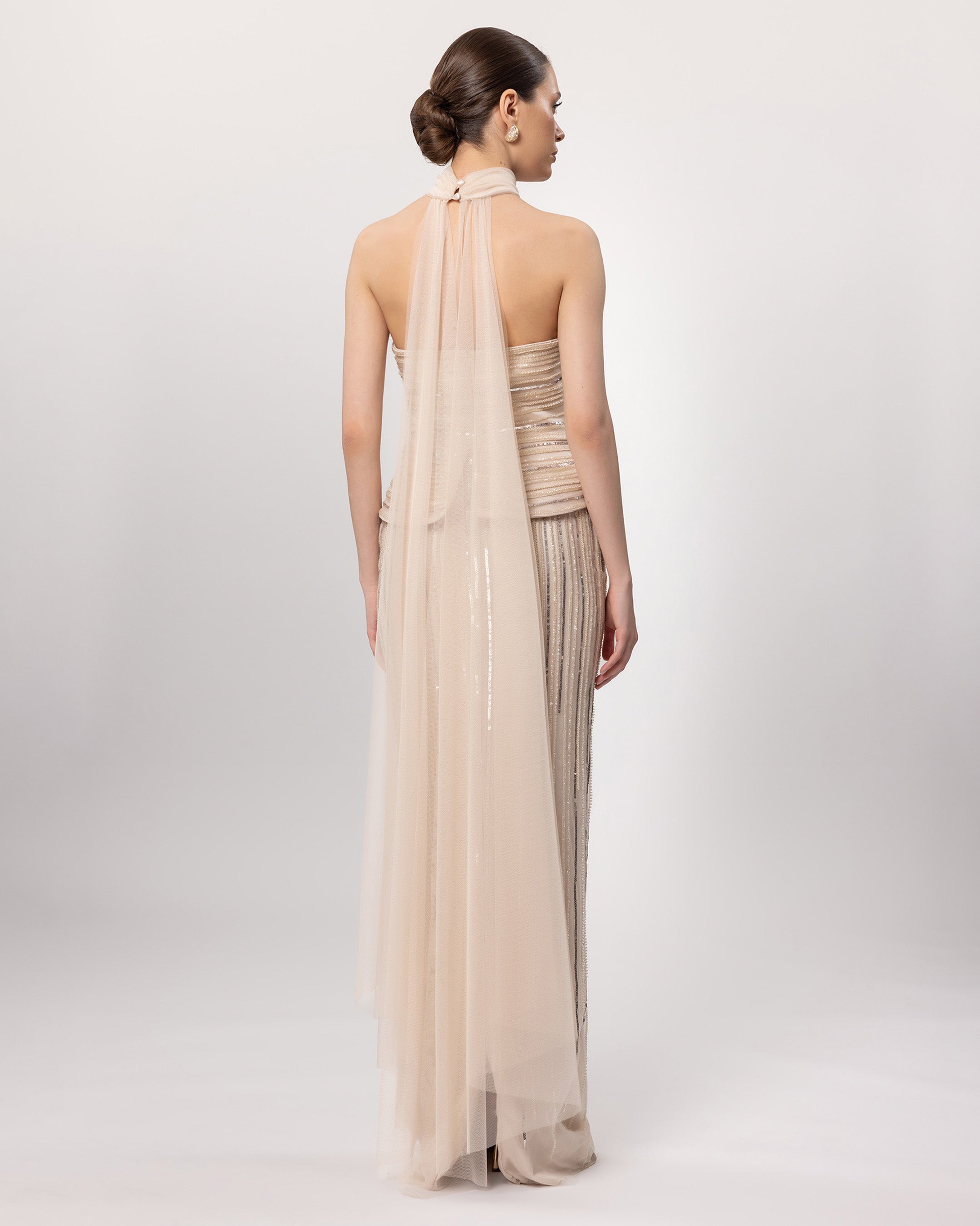 26076-Straplez Peplum Detaylı Boncuk İşlemeli Uzun Abiye
