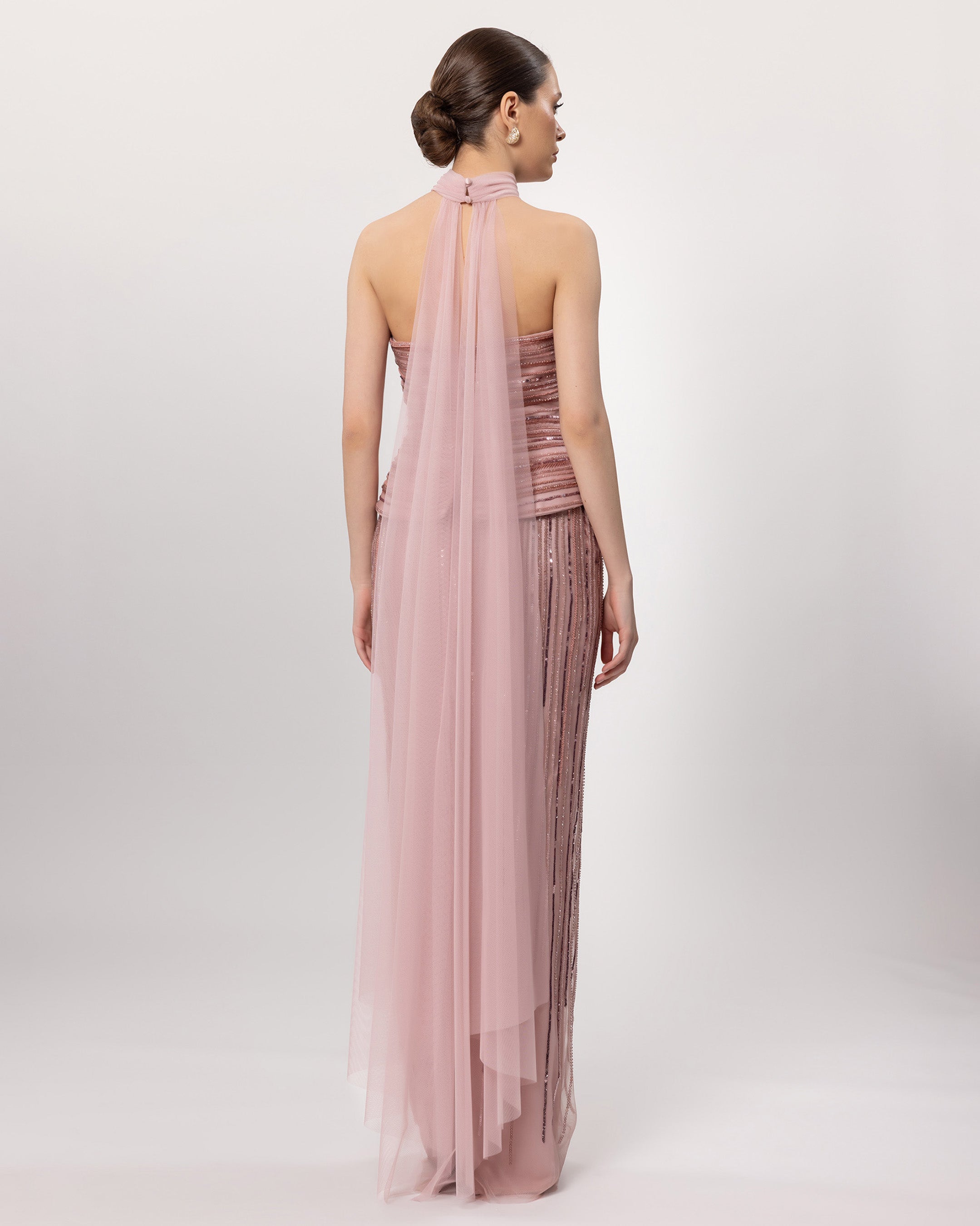 26076-Straplez Peplum Detaylı Boncuk İşlemeli Uzun Abiye