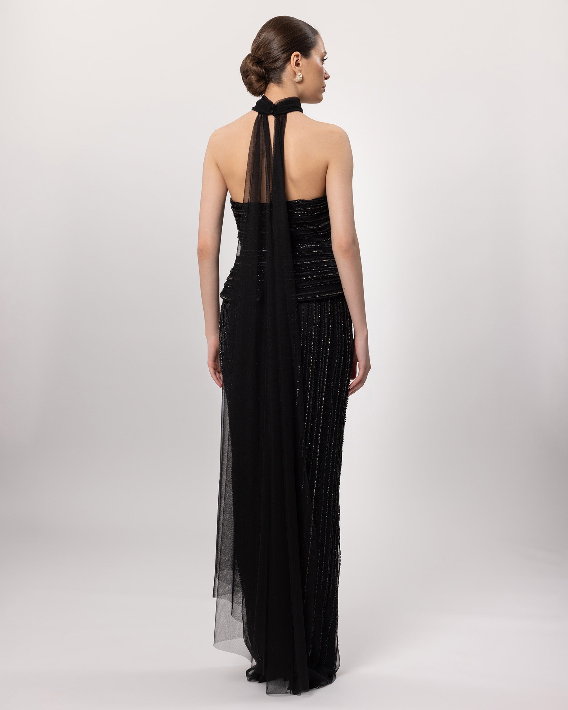 26076-Straplez Peplum Detaylı Boncuk İşlemeli Uzun Abiye