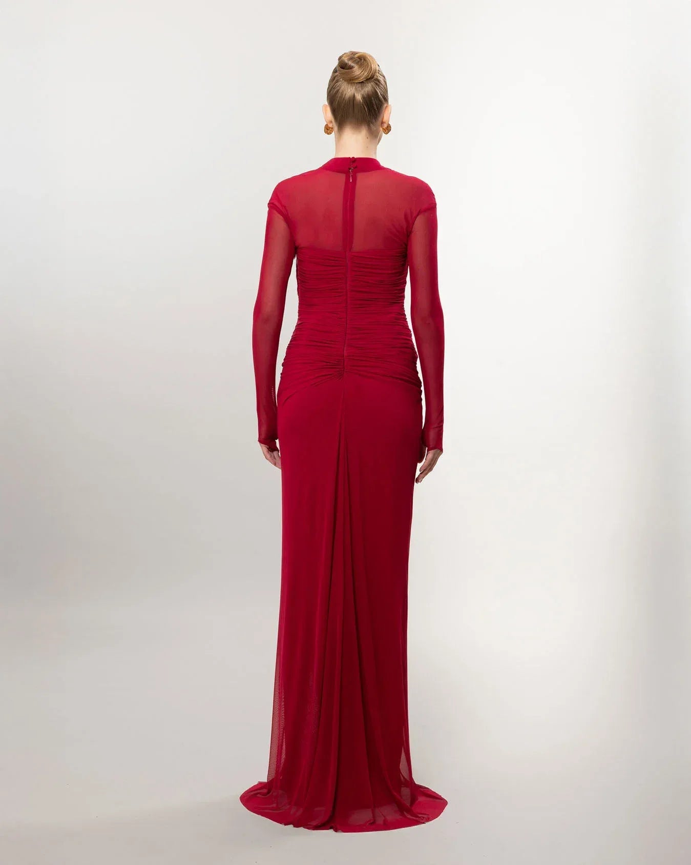 26080-Uzun Kollu Yırtmaçlı Drapeli Uzun Abiye Elbise - Kenzel