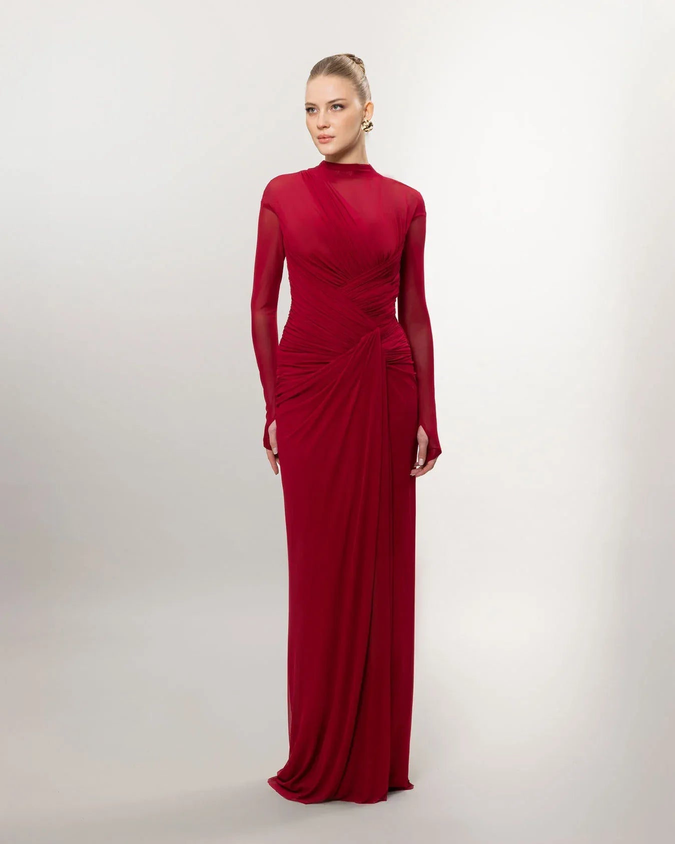 26080-Uzun Kollu Yırtmaçlı Drapeli Uzun Abiye Elbise - Kenzel