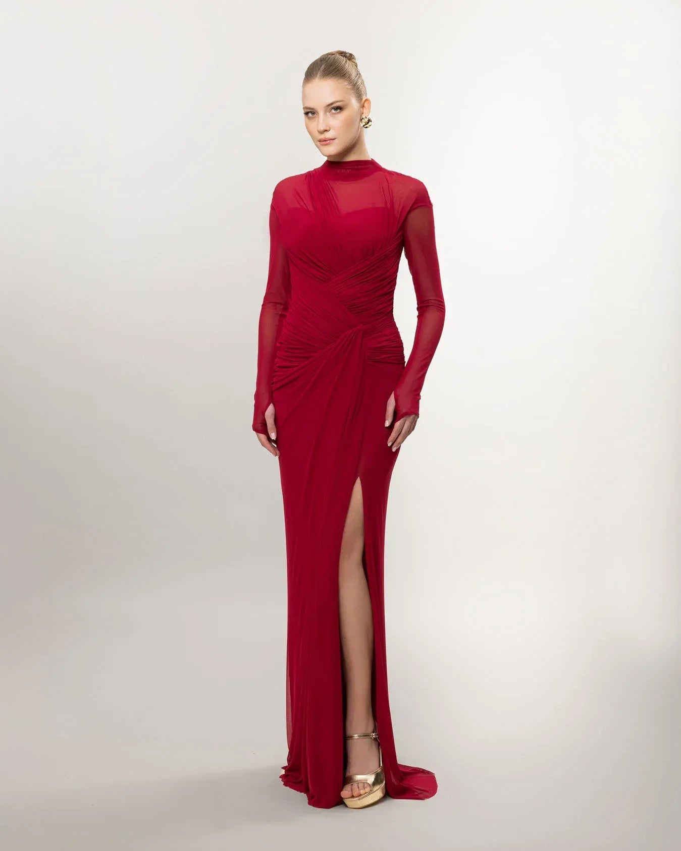 26080-Uzun Kollu Yırtmaçlı Drapeli Uzun Abiye Elbise - Kenzel