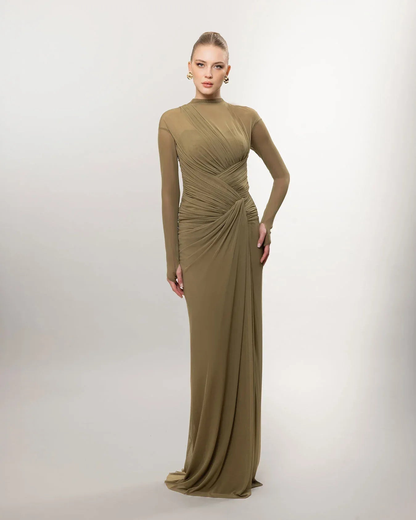 26080-Uzun Kollu Yırtmaçlı Drapeli Uzun Abiye Elbise - Kenzel