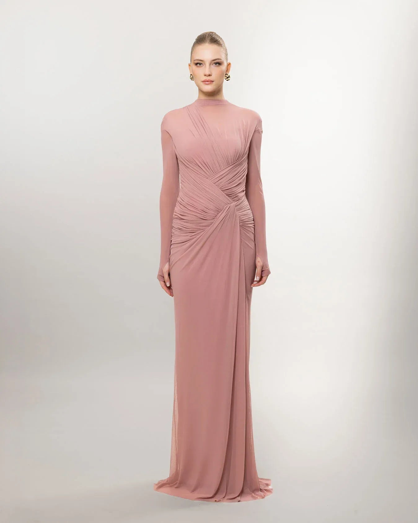 26080-Uzun Kollu Yırtmaçlı Drapeli Uzun Abiye Elbise - Kenzel