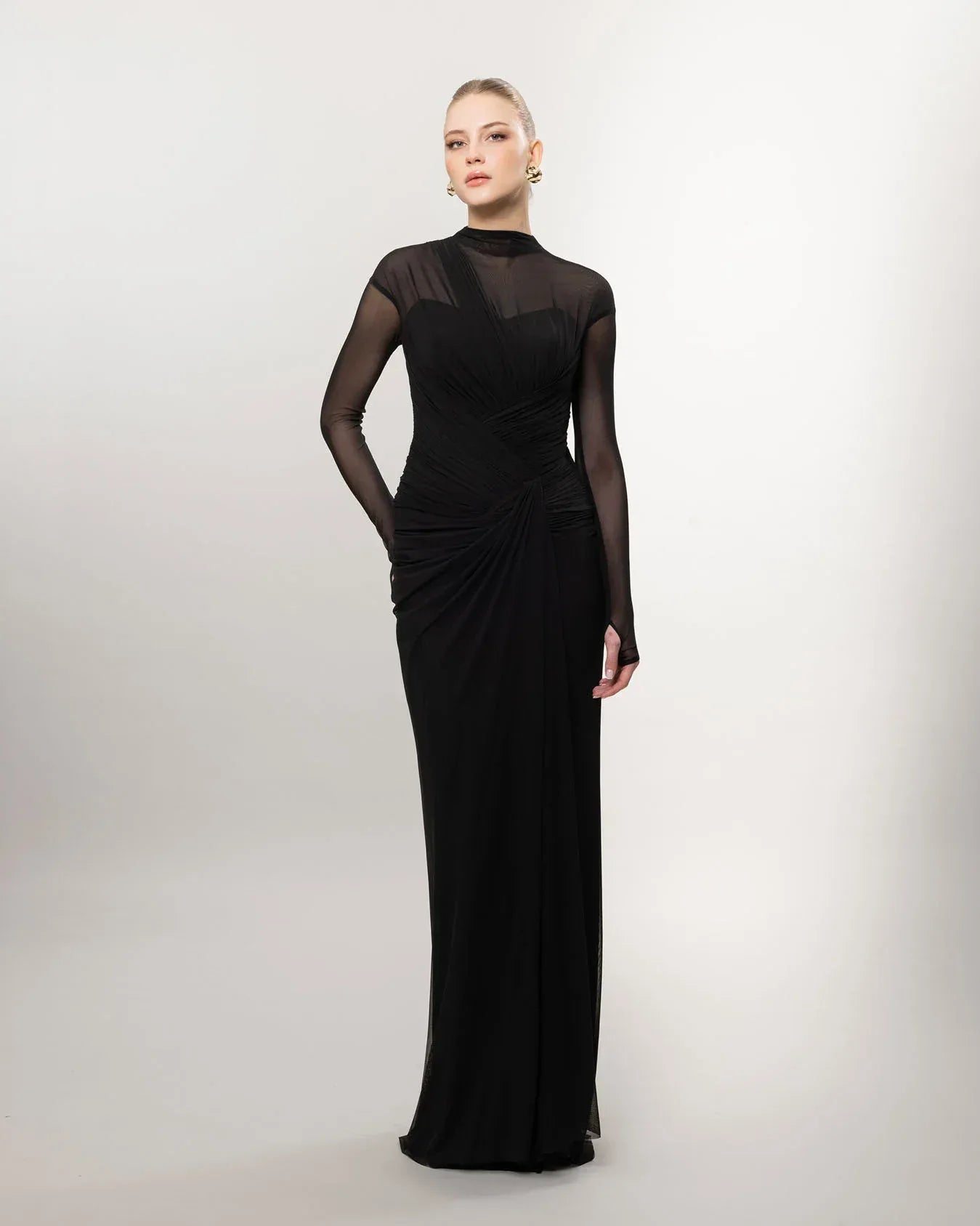 26080-Uzun Kollu Yırtmaçlı Drapeli Uzun Abiye Elbise - Kenzel