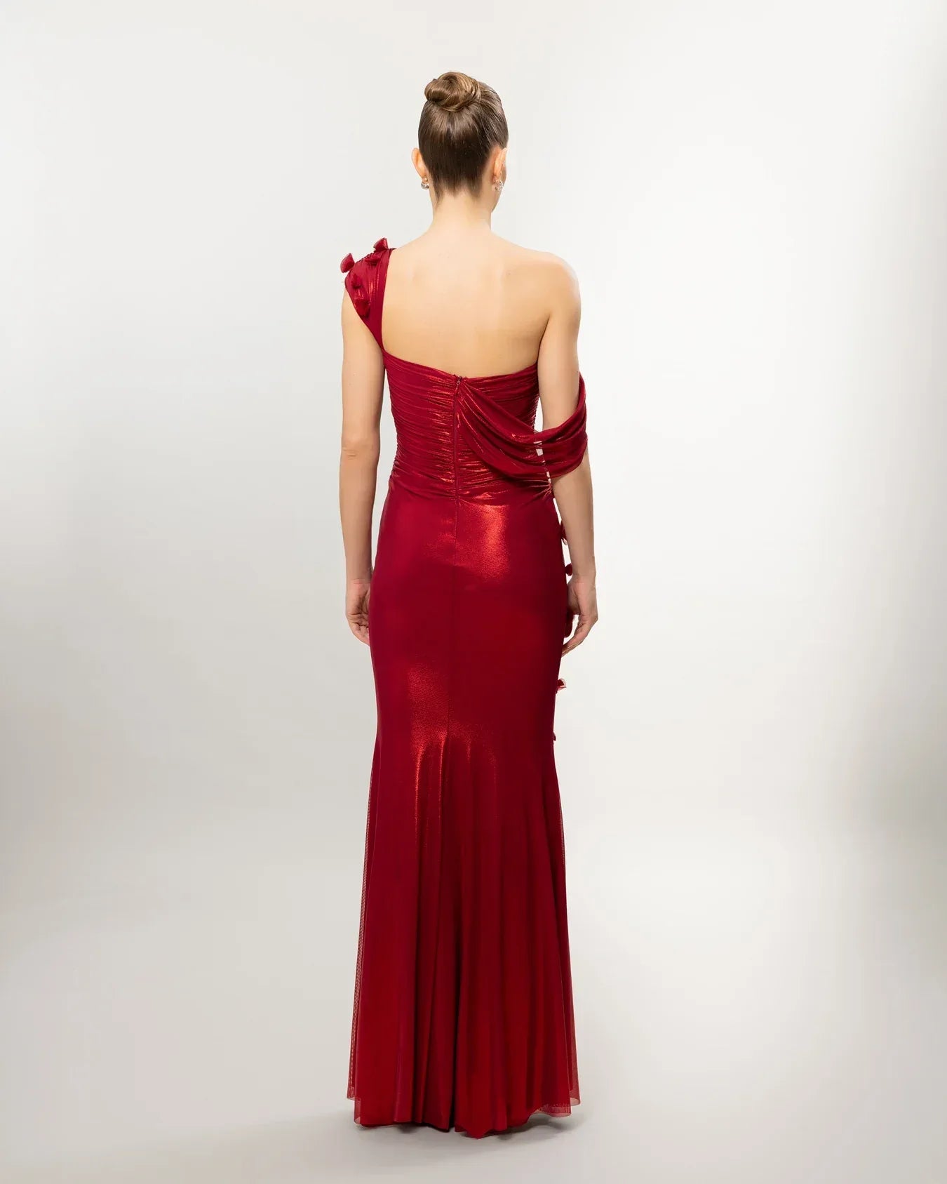 26084-Çiçek Detaylı Drapeli Fit Balık Elbise - Kenzel