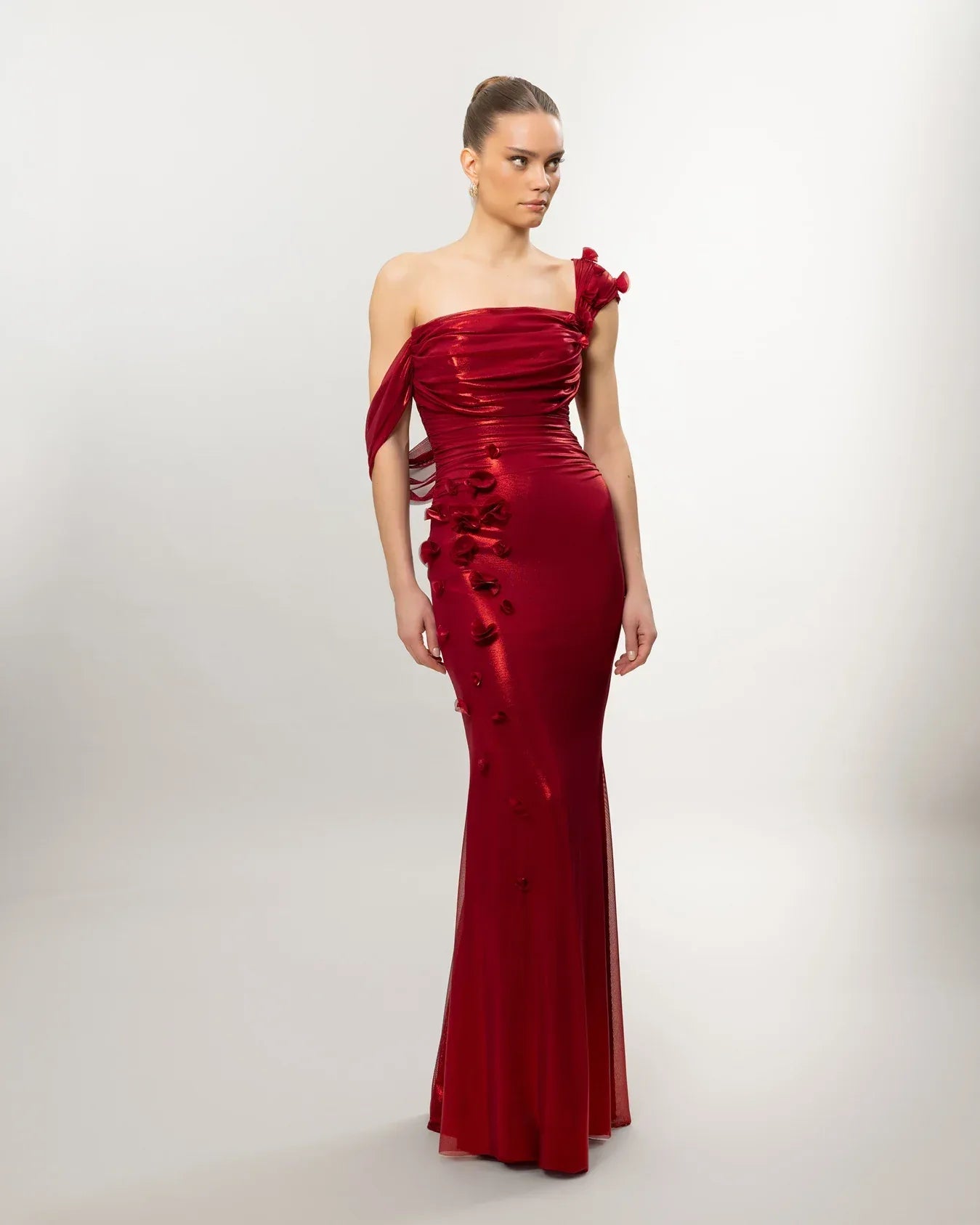 26084-Çiçek Detaylı Drapeli Fit Balık Elbise - Kenzel