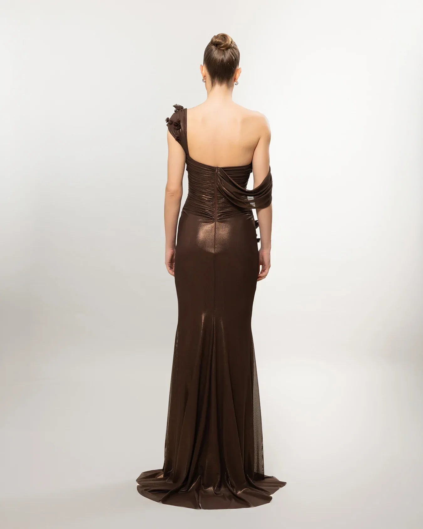 26084-Çiçek Detaylı Drapeli Fit Balık Elbise - Kenzel