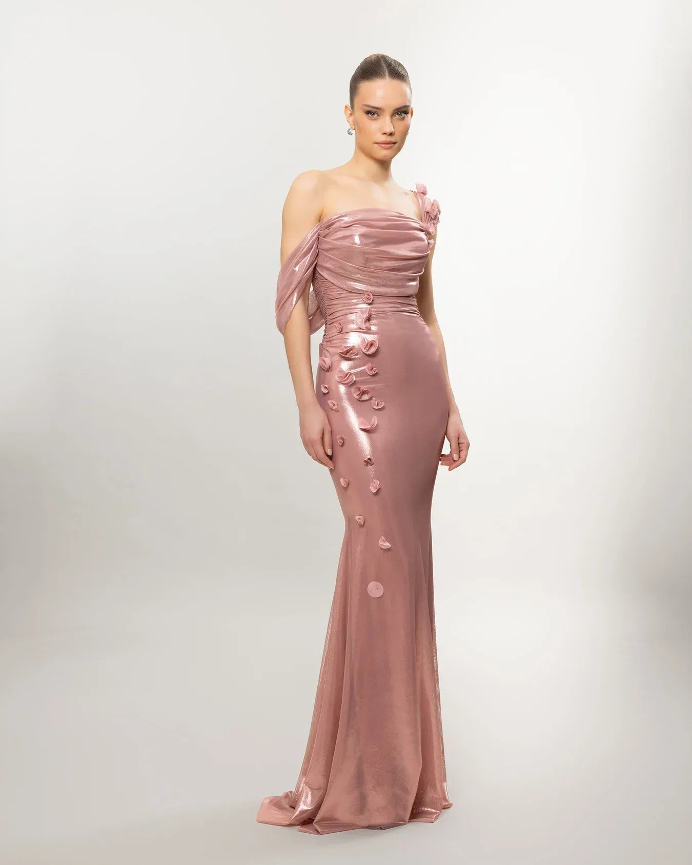 26084-Çiçek Detaylı Drapeli Fit Balık Elbise - Kenzel