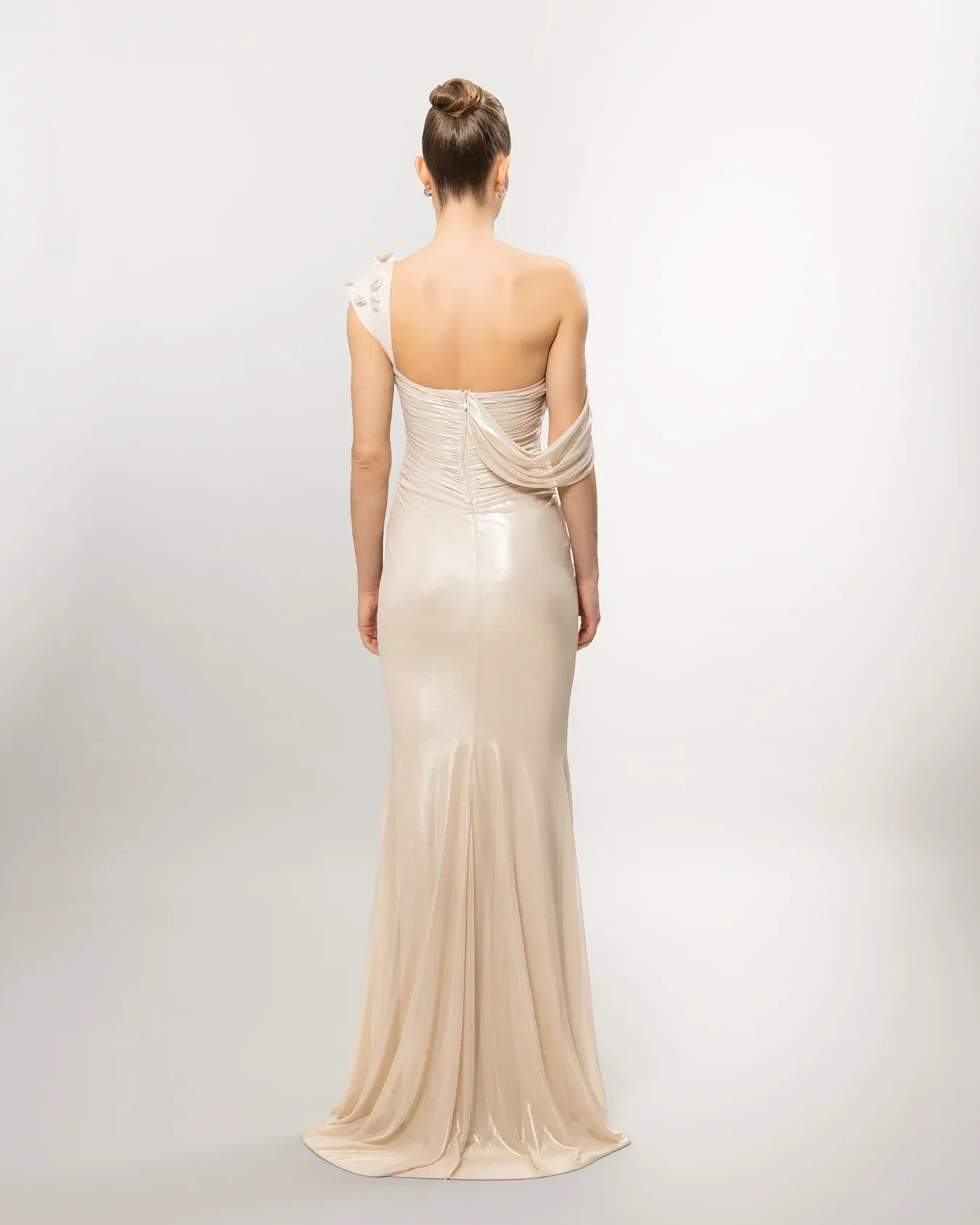 26084-Çiçek Detaylı Drapeli Fit Balık Elbise - Kenzel