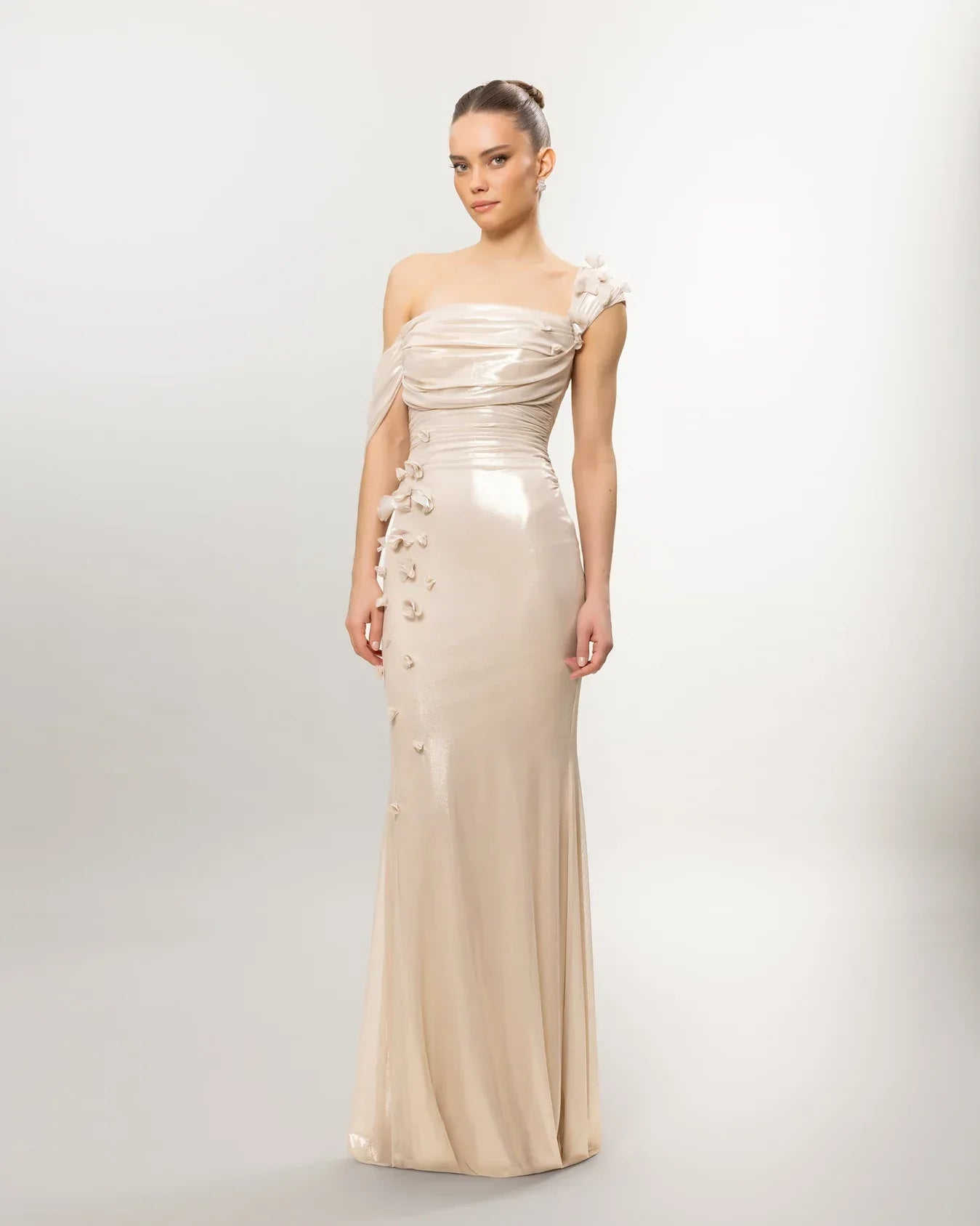 26084-Çiçek Detaylı Drapeli Fit Balık Elbise - Kenzel