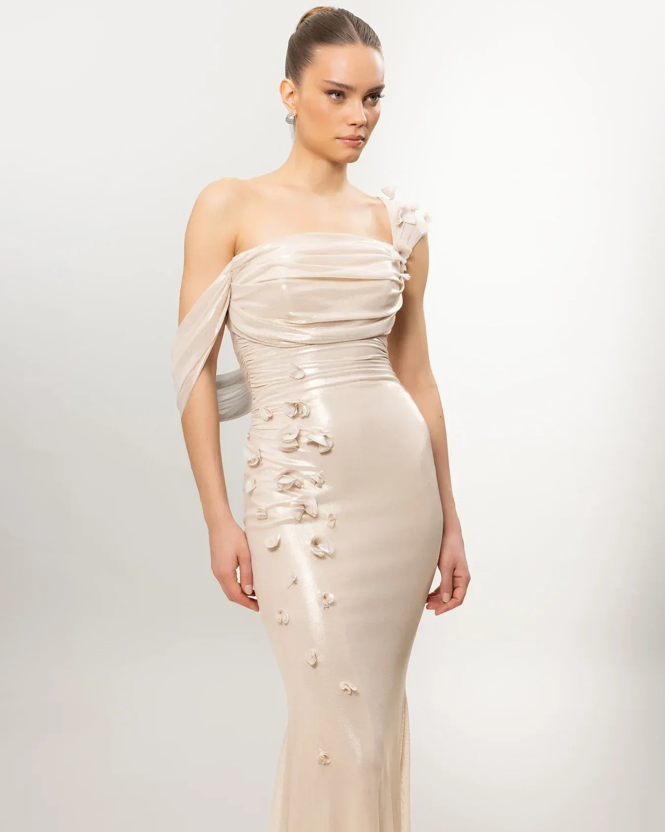 26084-Çiçek Detaylı Drapeli Fit Balık Elbise - Kenzel