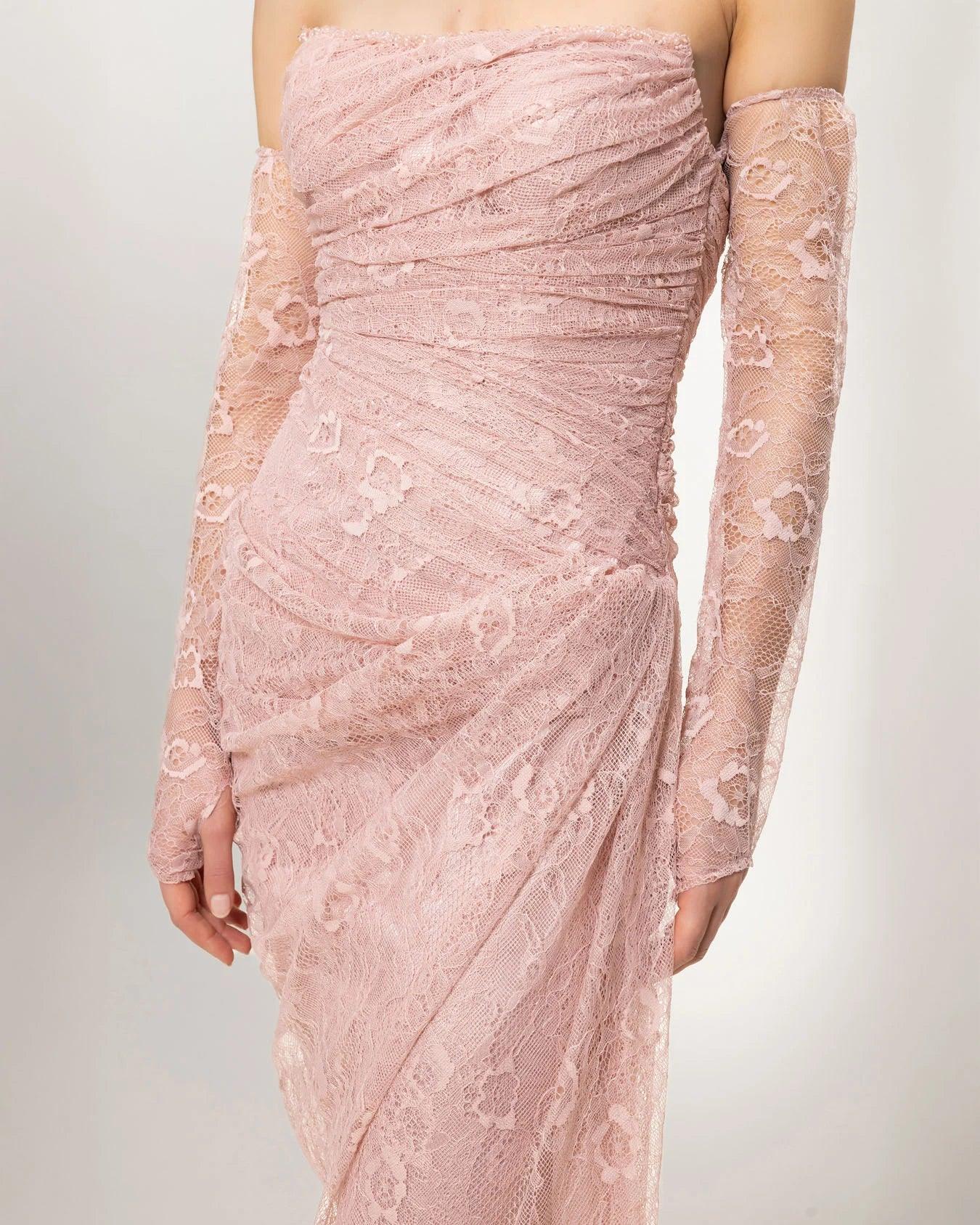 26101-Straplez Uzun Kol Dantelli Uzun Abiye Elbise - Kenzel