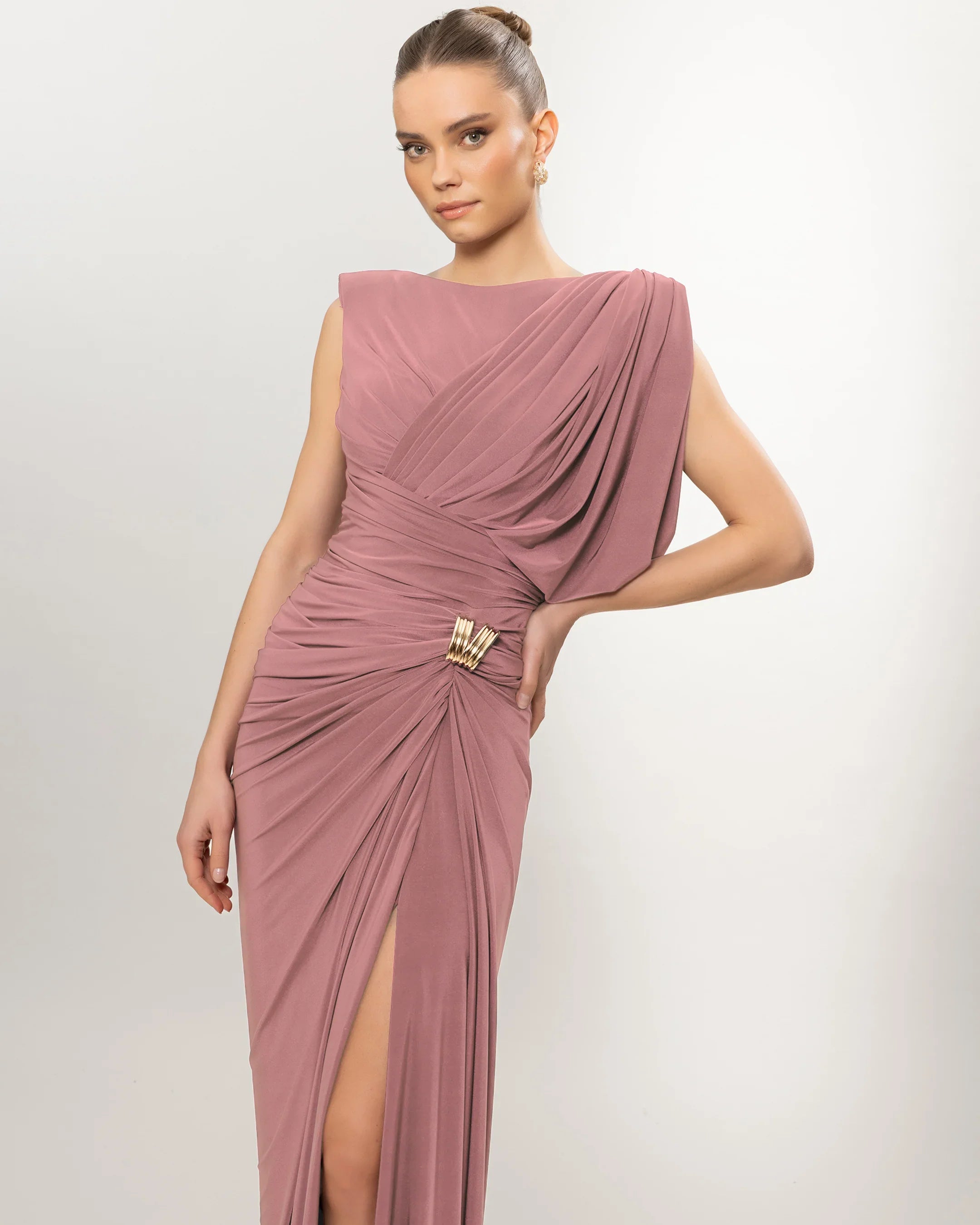 26131-Long Evening Dress with Draped One-Shoulder Detail and Slit
