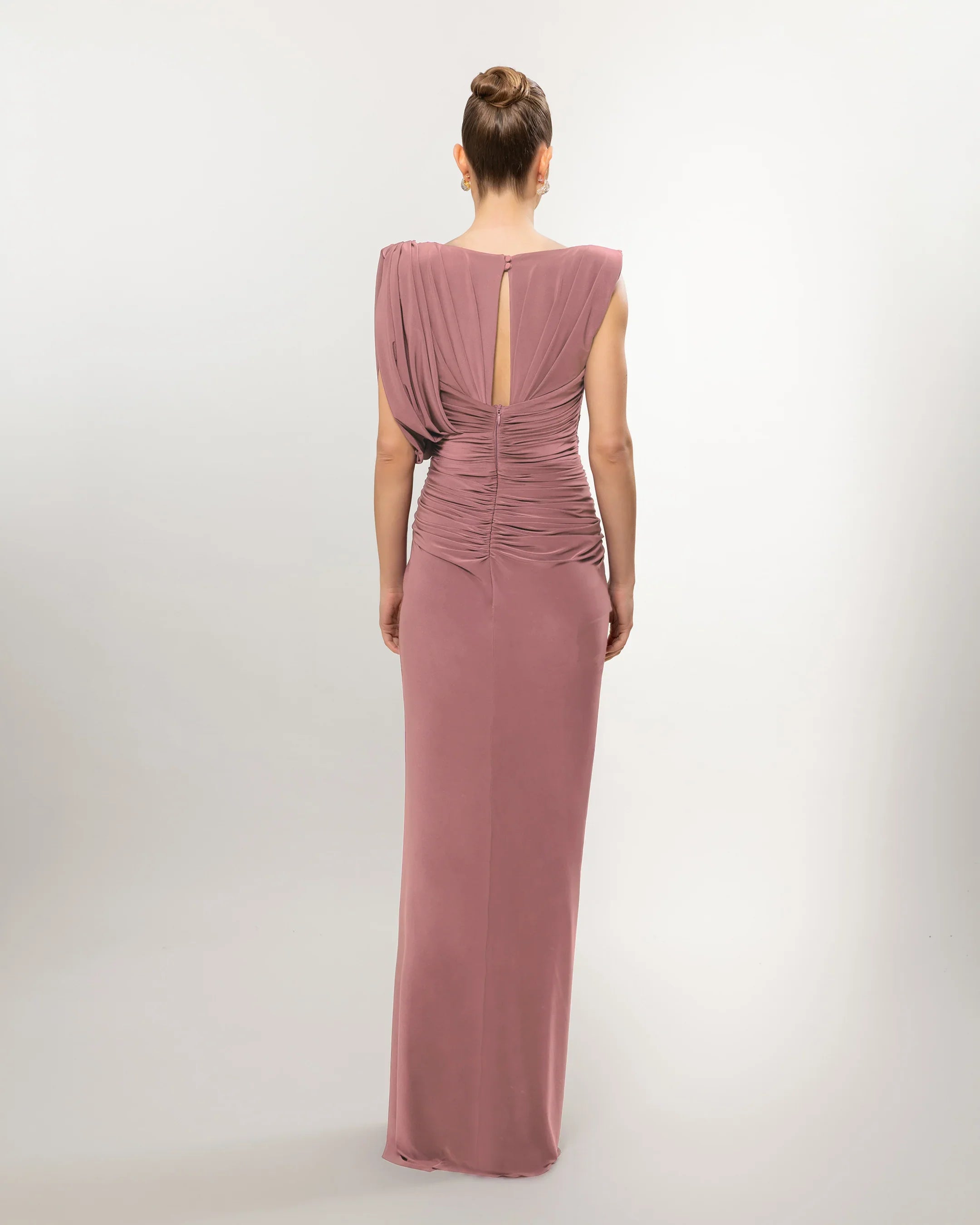26131-Long Evening Dress with Draped One-Shoulder Detail and Slit