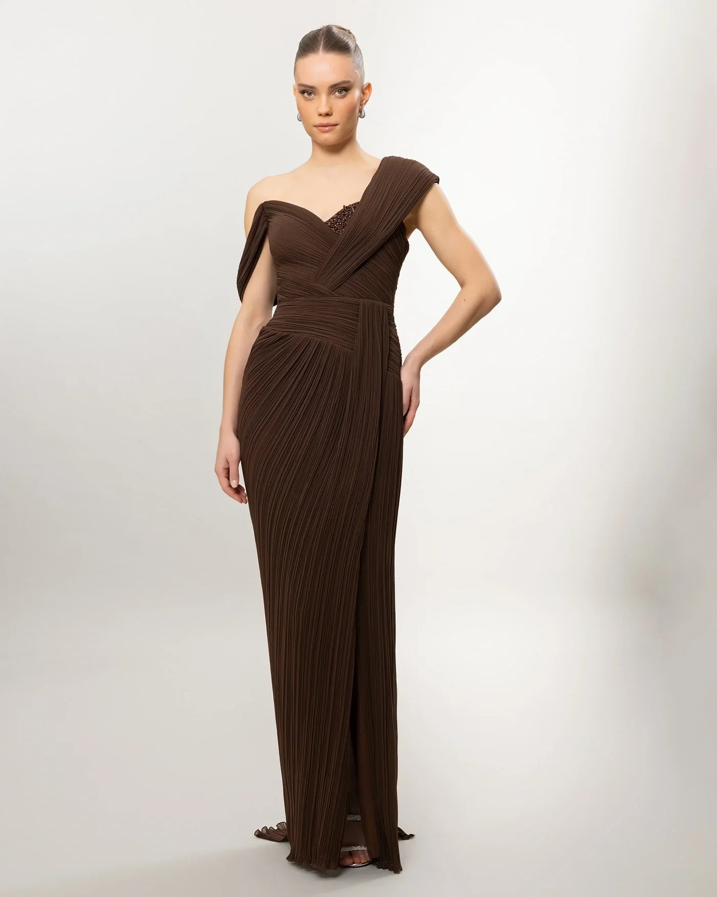 26132-Asymmetric Shoulder Draped Pleated Slit Long Evening Dress