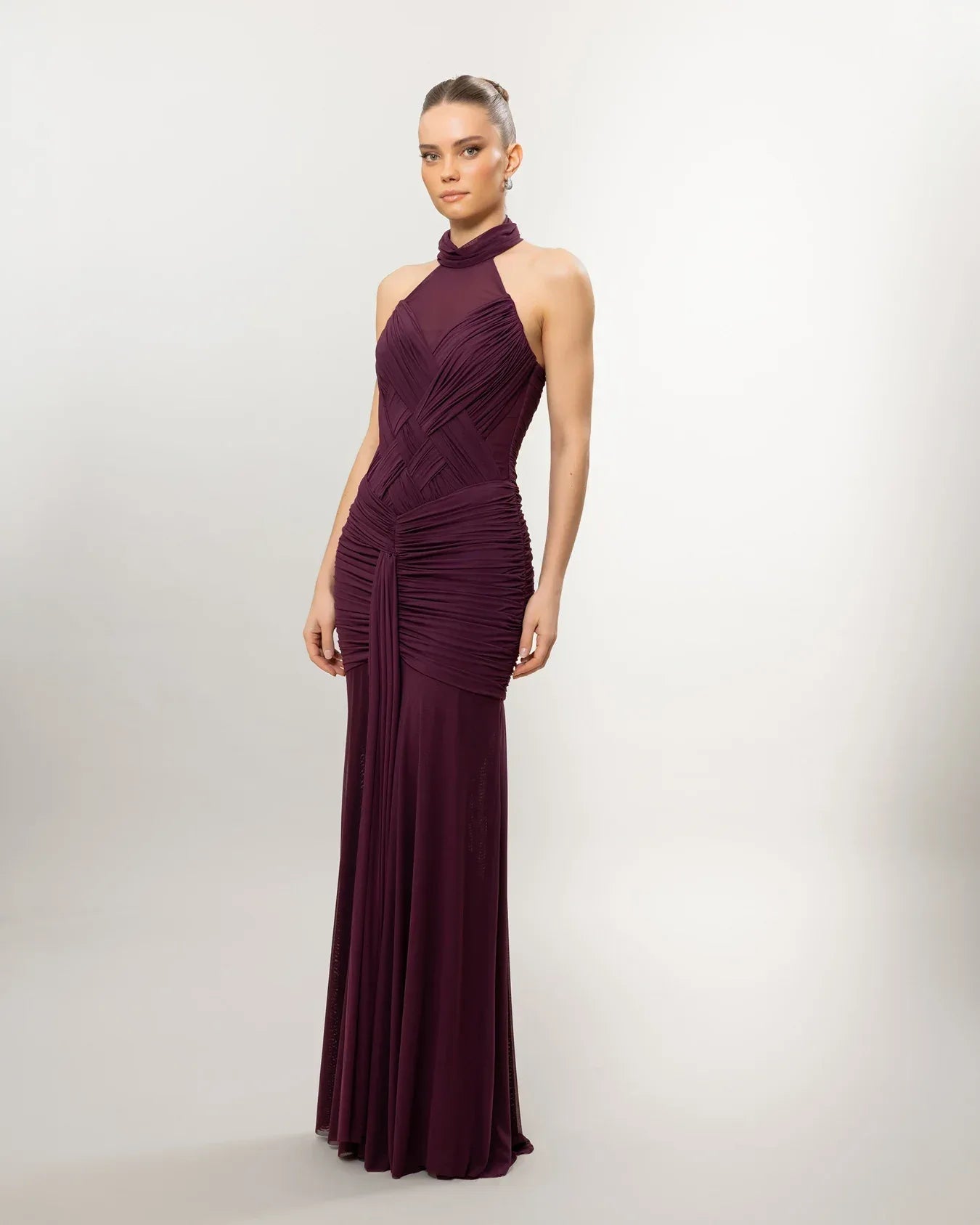 26136-Boyundan Bağlamalı Transparan Detaylı Uzun Abiye Elbise - Kenzel