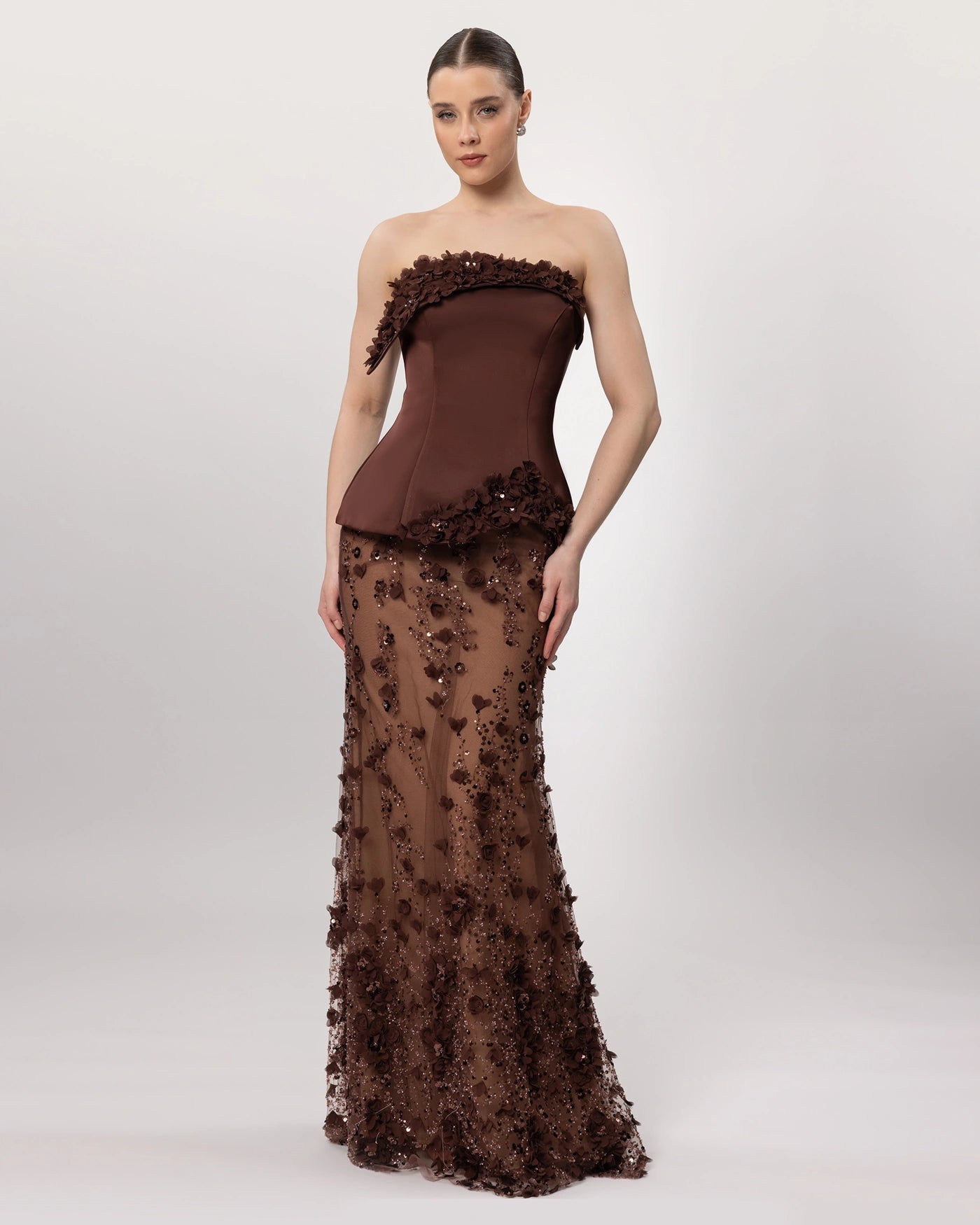 26162-Çiçek Aplikeli Straplez Couture Abiye Elbise.