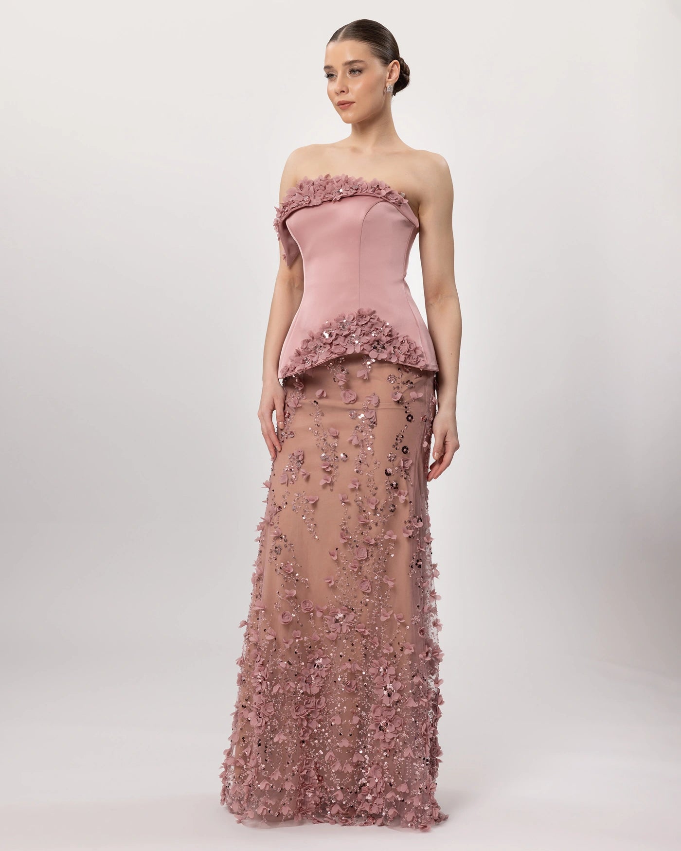 26162-Çiçek Aplikeli Straplez Couture Abiye Elbise.