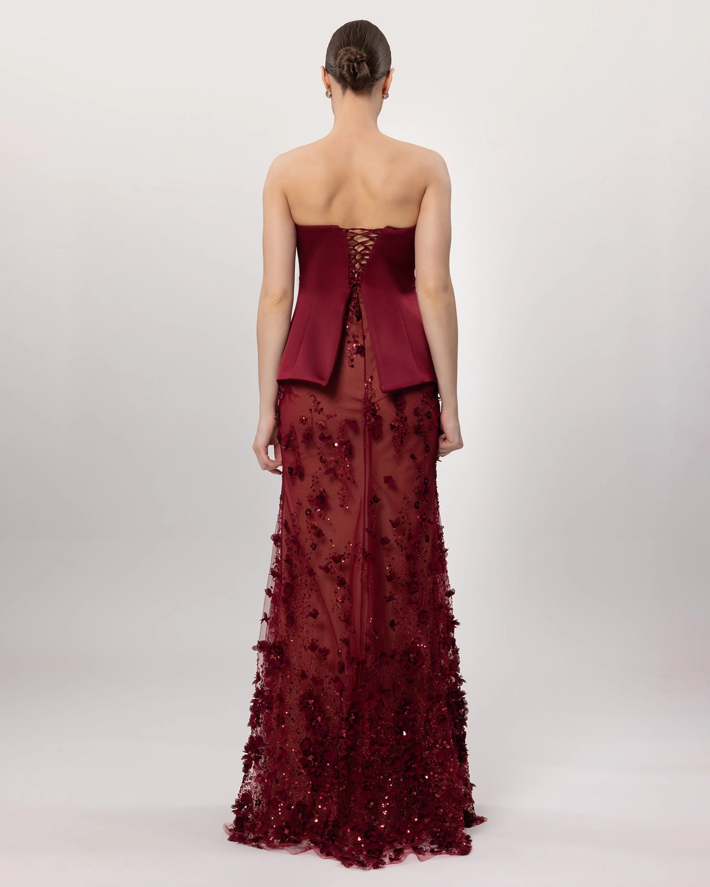 26162-Çiçek Aplikeli Straplez Couture Abiye Elbise.