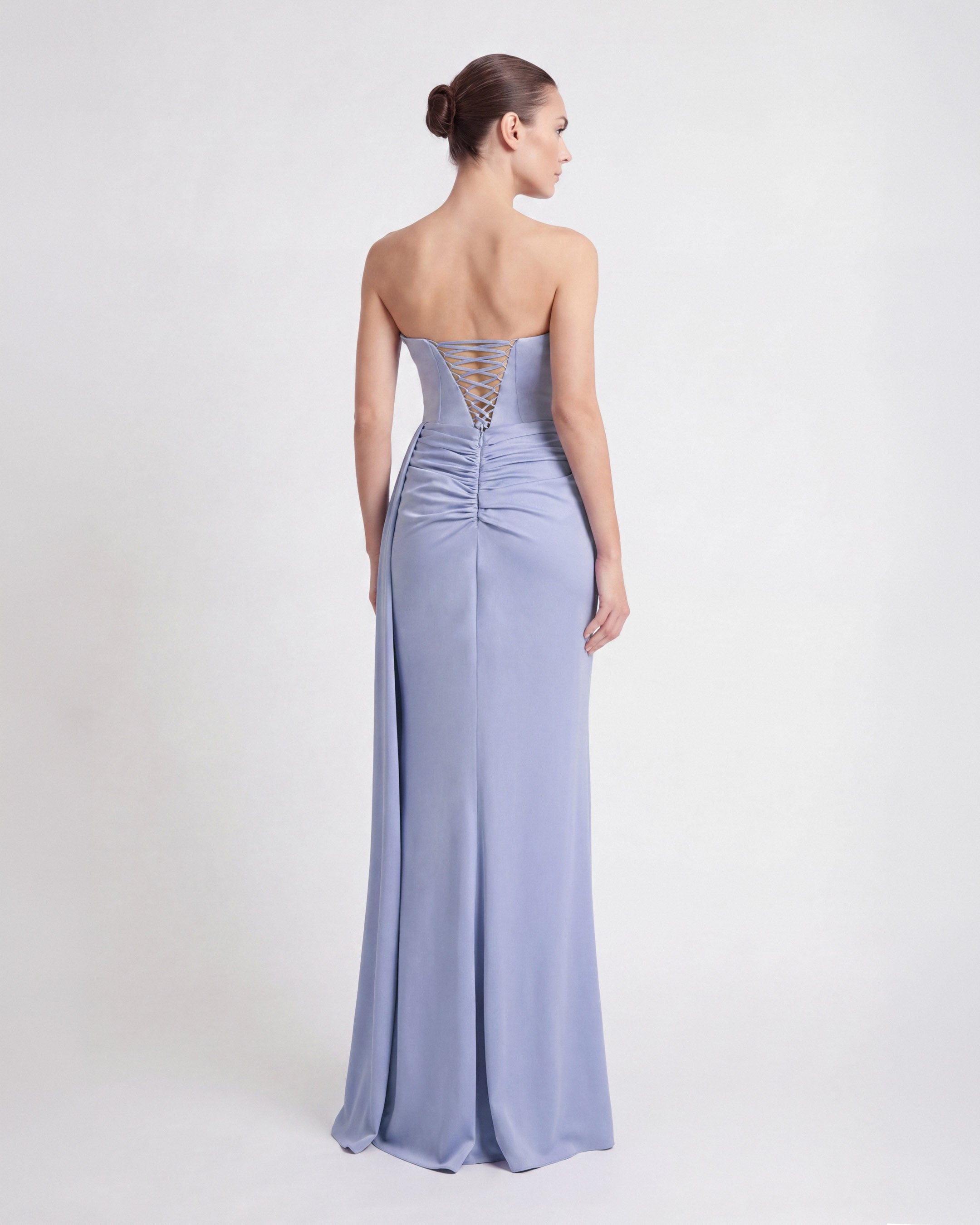 26179-Degaje Yaka Beli Fit Drapeli Abiye Elbise