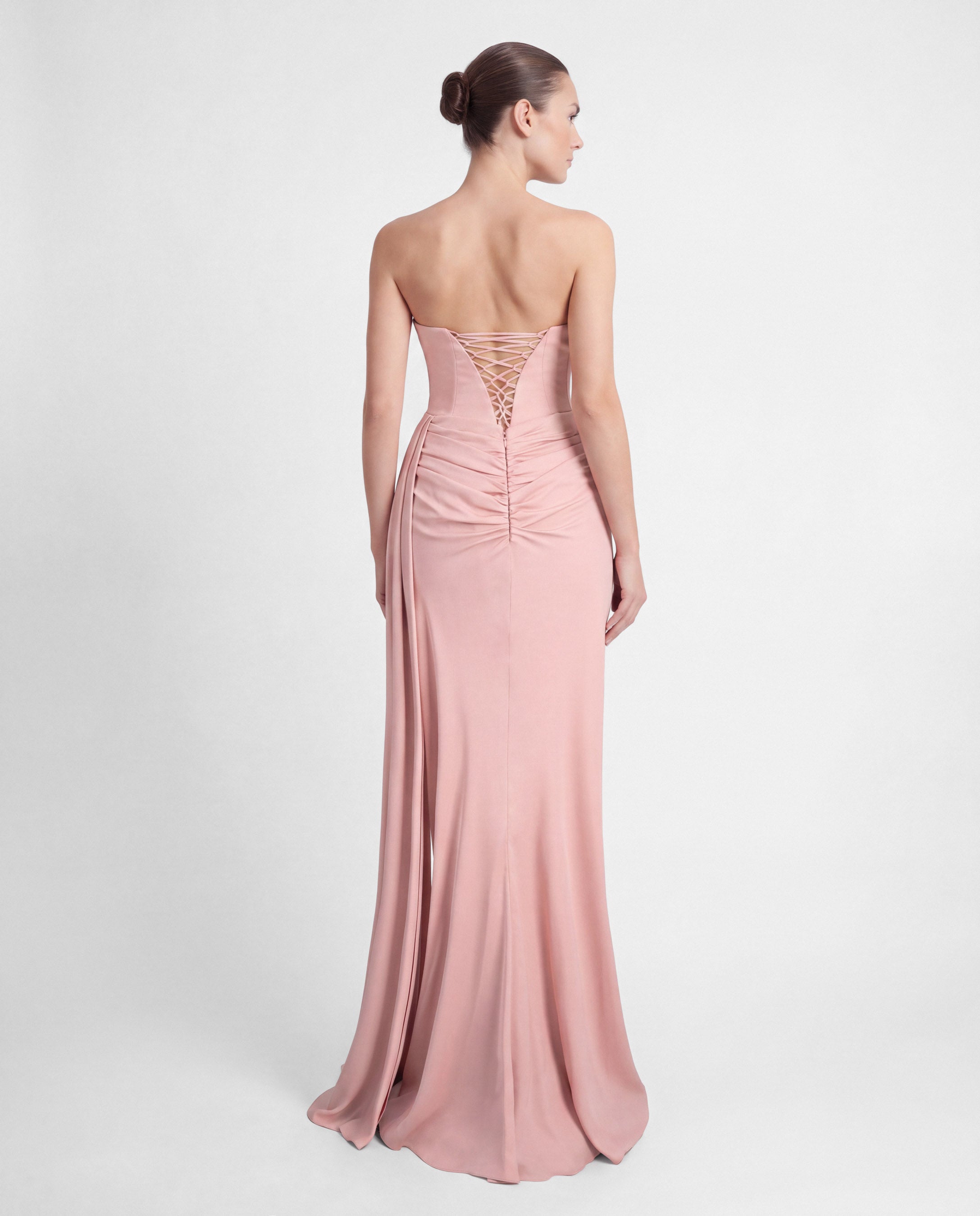 26179-Degaje Yaka Beli Fit Drapeli Abiye Elbise