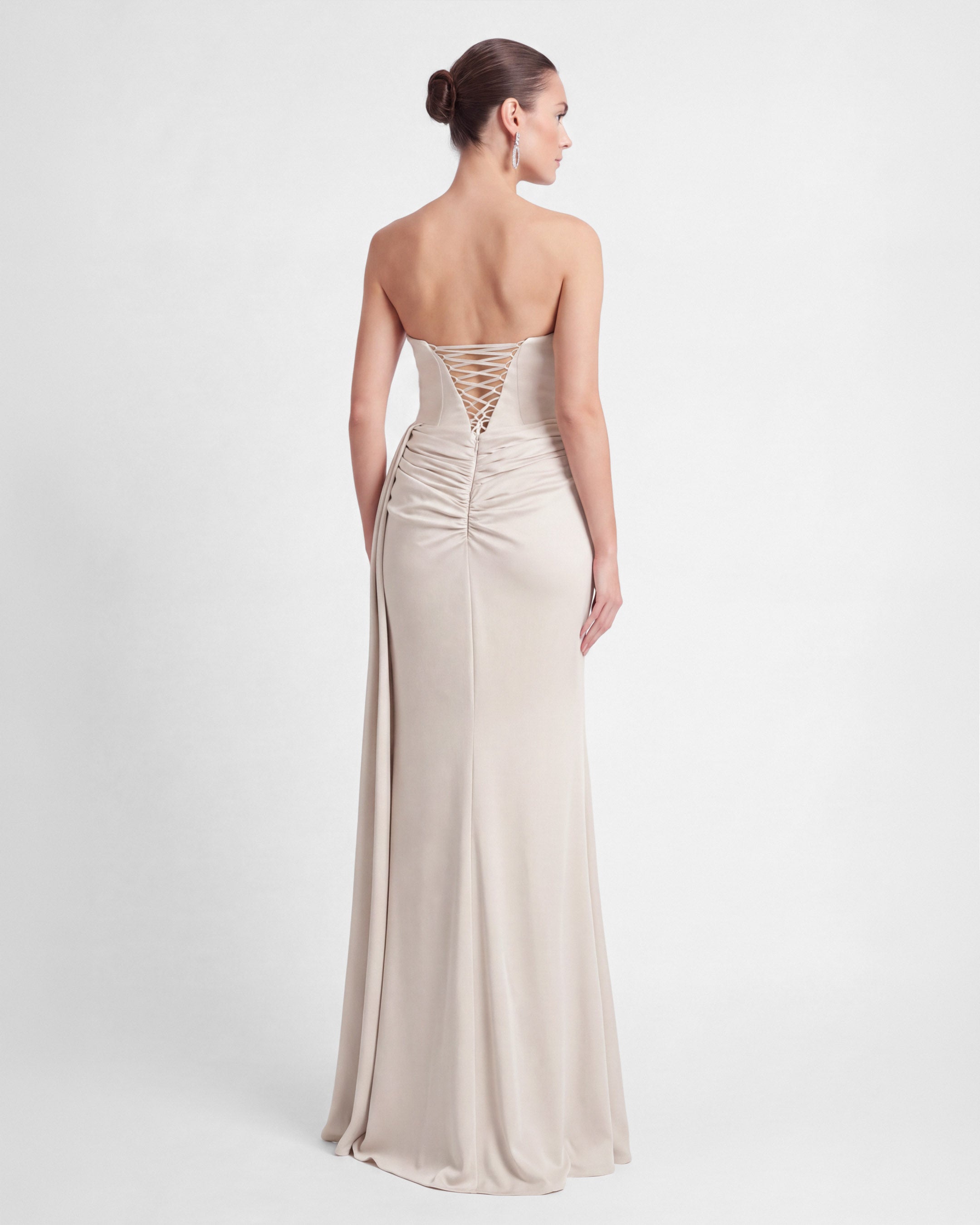 26179-Degaje Yaka Beli Fit Drapeli Abiye Elbise
