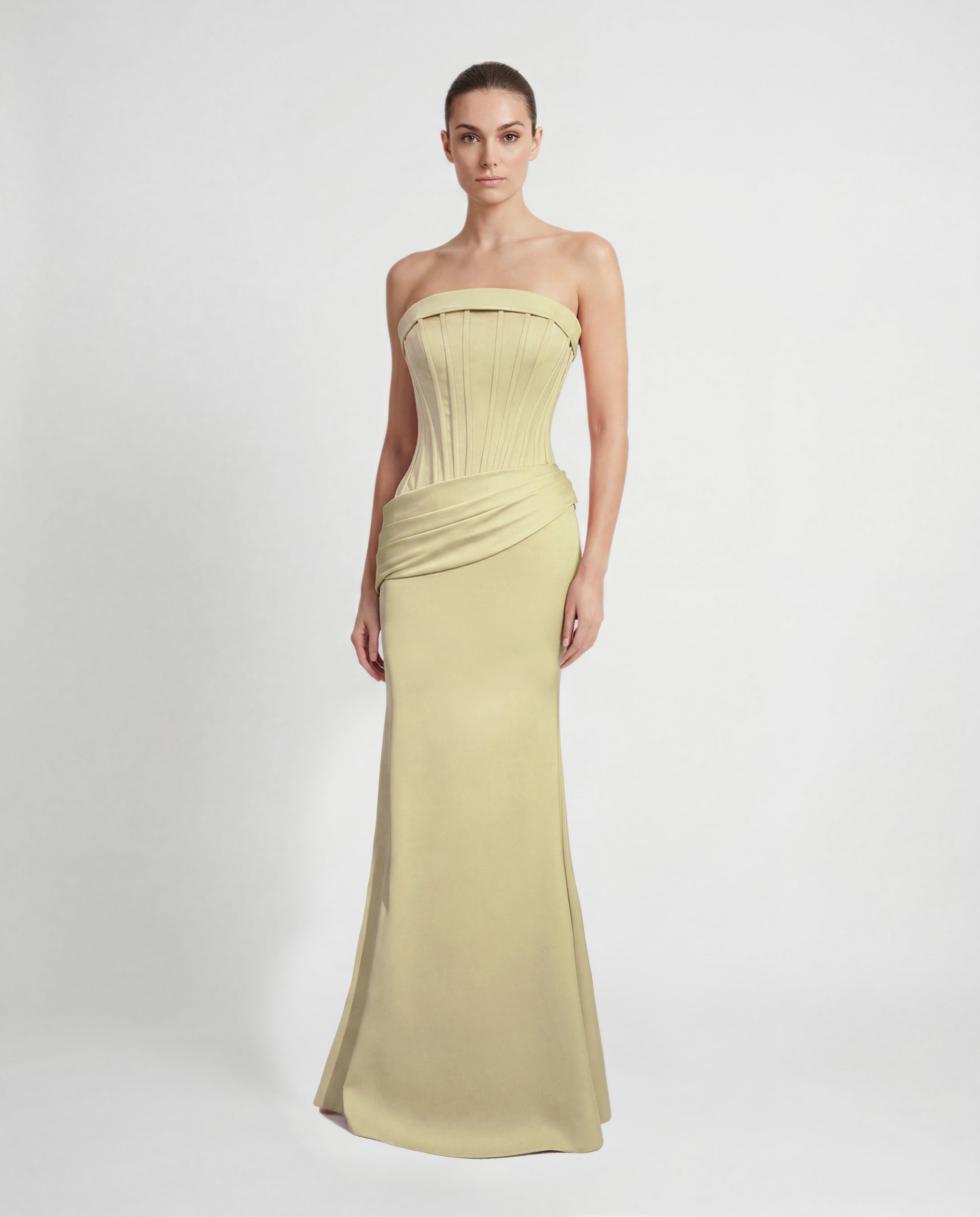 26197-Strapless Corset Detail Draped Waist Long Evening Dress