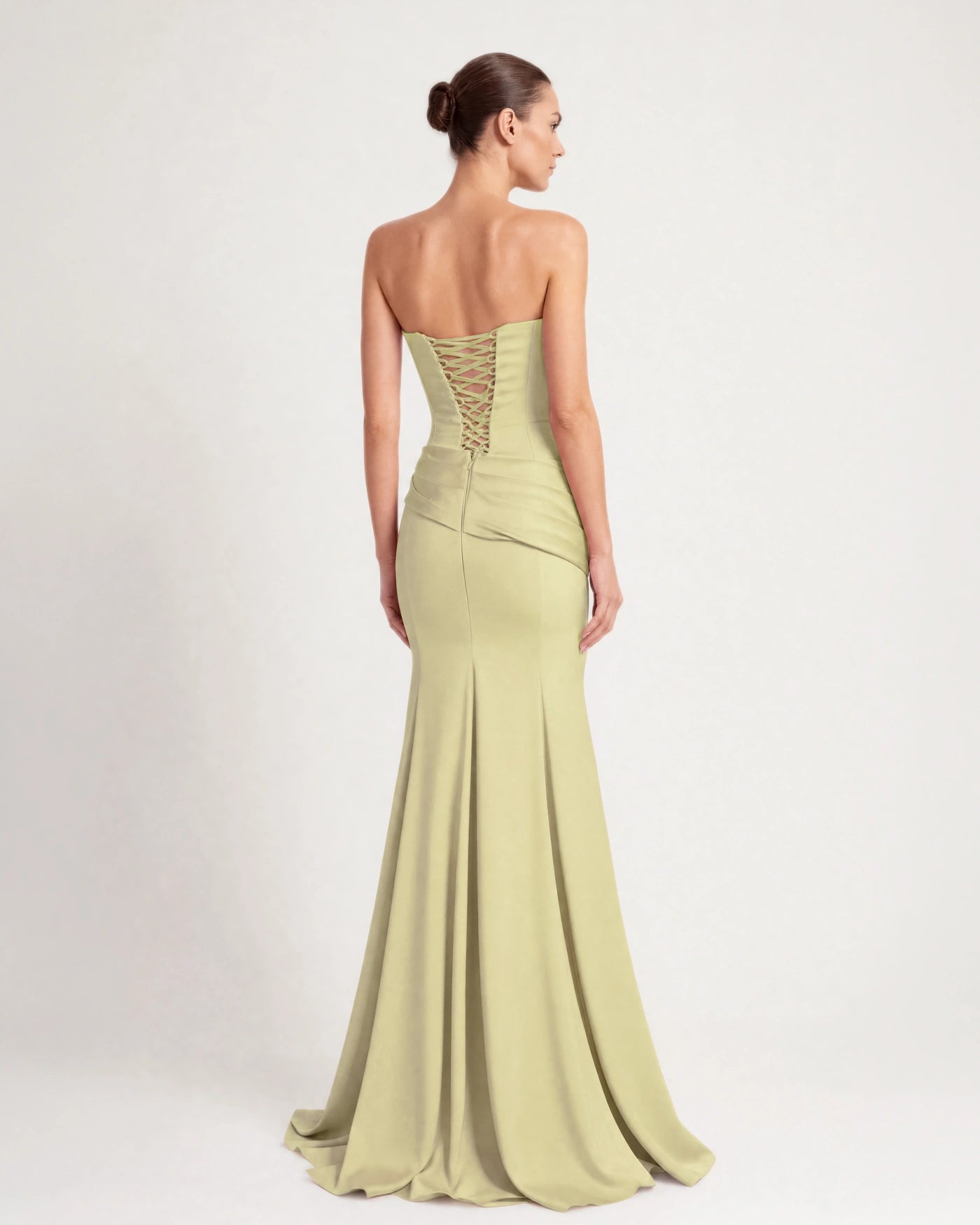 26197-Strapless Corset Detail Draped Waist Long Evening Dress