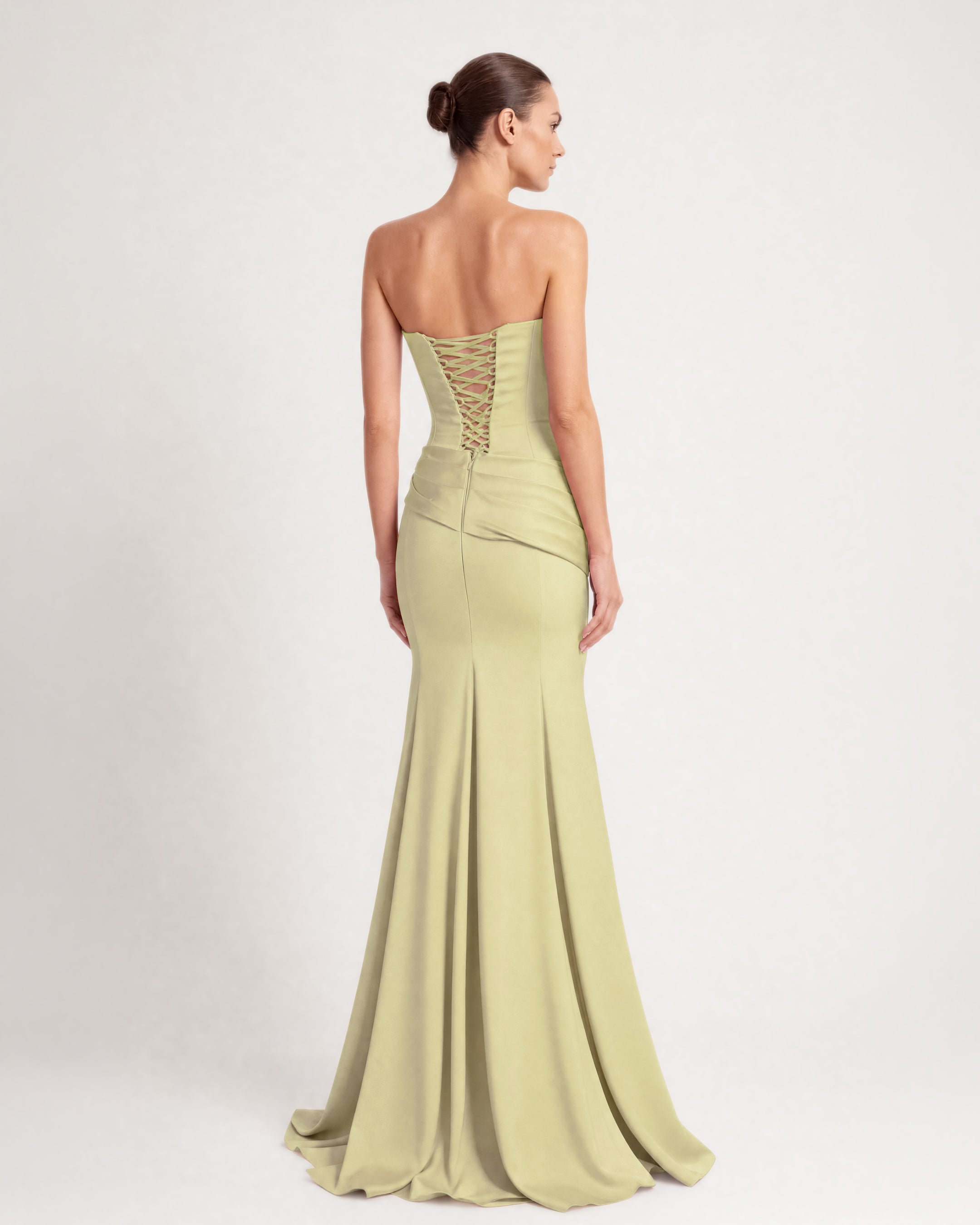 26197-Strapless Corset Detail Draped Waist Long Evening Dress