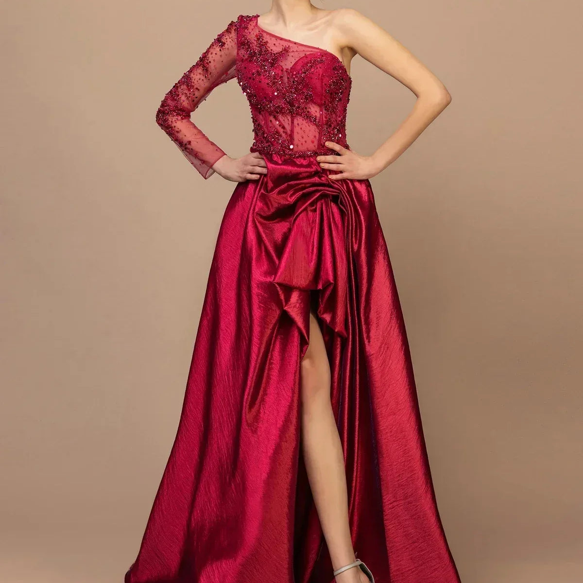 7007-One-Shoulder Long Evening Dress with Slit